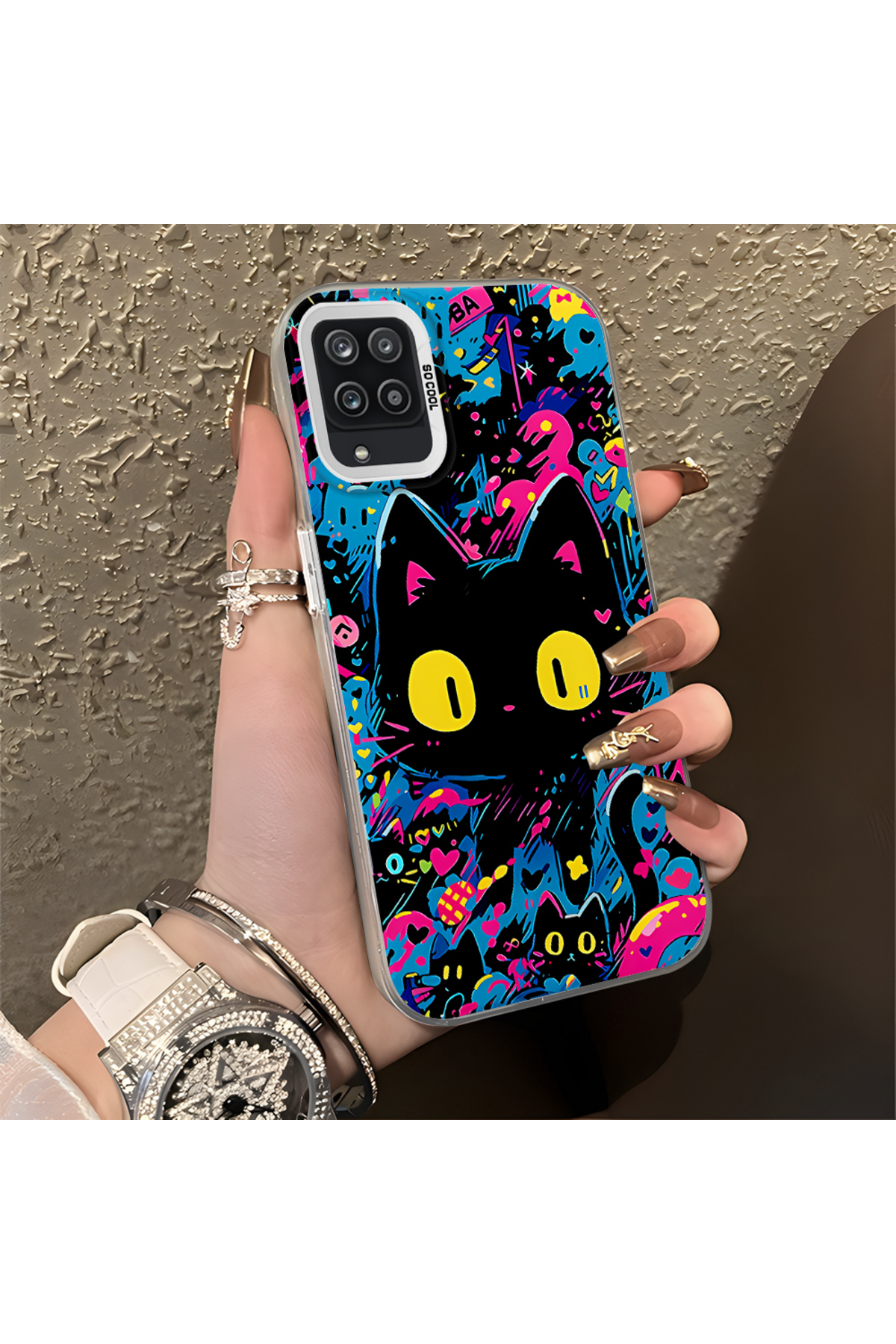 Samsung Galaxy A12 Compatible Silicone Edge Hard Back Case Couple Phone Case with Cat Pattern