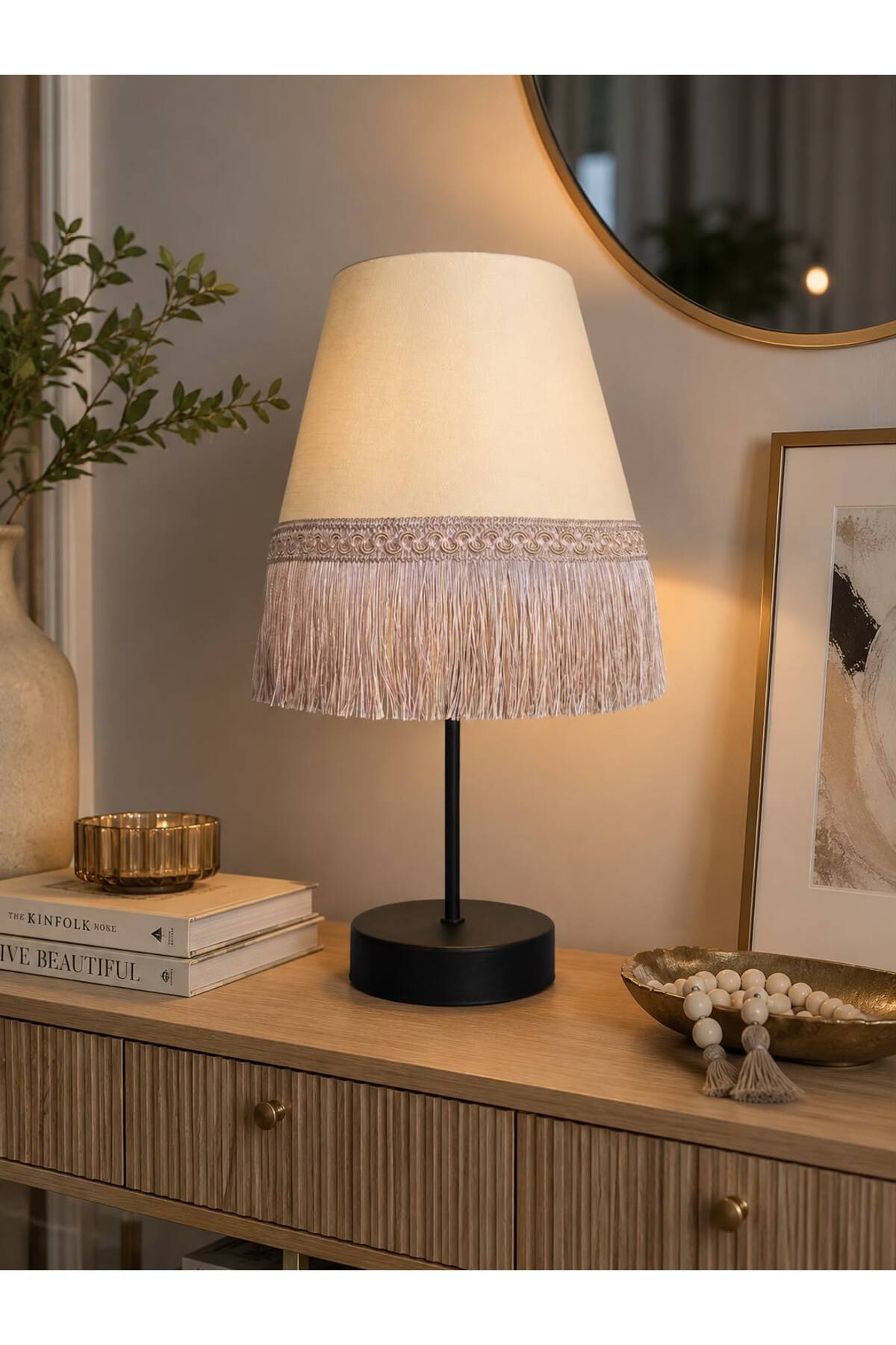 LÜNESSA || BLACK FOOT || CREAM HAT || CREAM TASSEL > Modern Table Lamp with Lampshade Tassel Decorative Night Light Bedroom Lighting Stylish Home Decor Gift Console Lounge