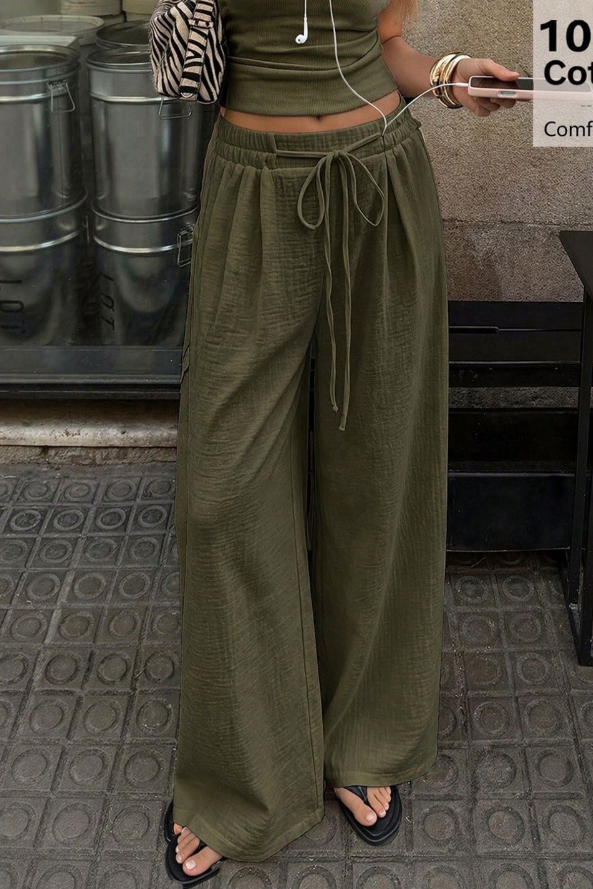 COOL TARZ  Kadın Müslin Bol Paça Pantolon Bel Lastikli Yazlık Pamuklu Pantolon - Görsel 5