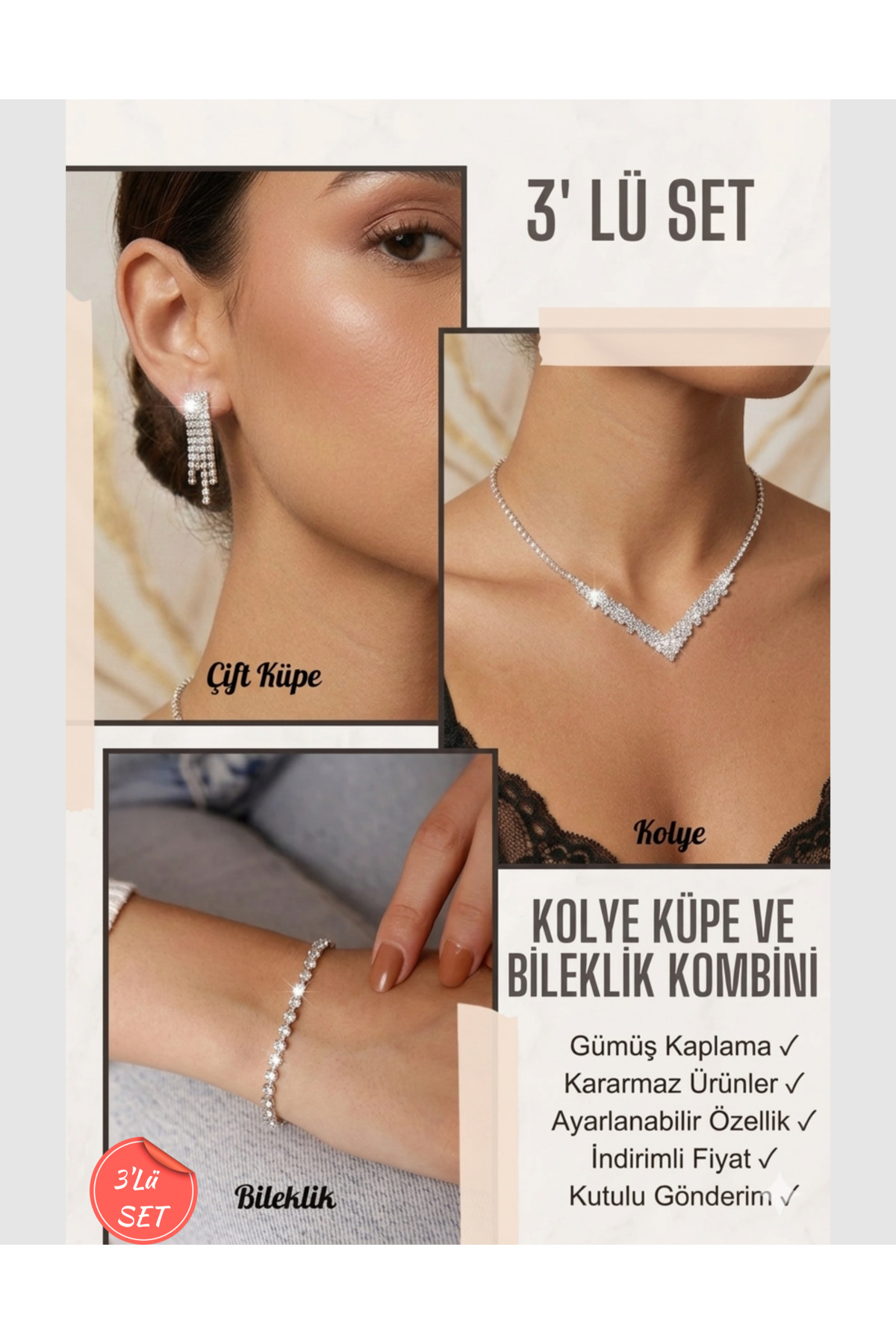 Gümüş Kaplama Elif Model Taşlı Su Yolu 3' lü Set Choker Kolye, Bileklik ve Küpe Taşlı Set