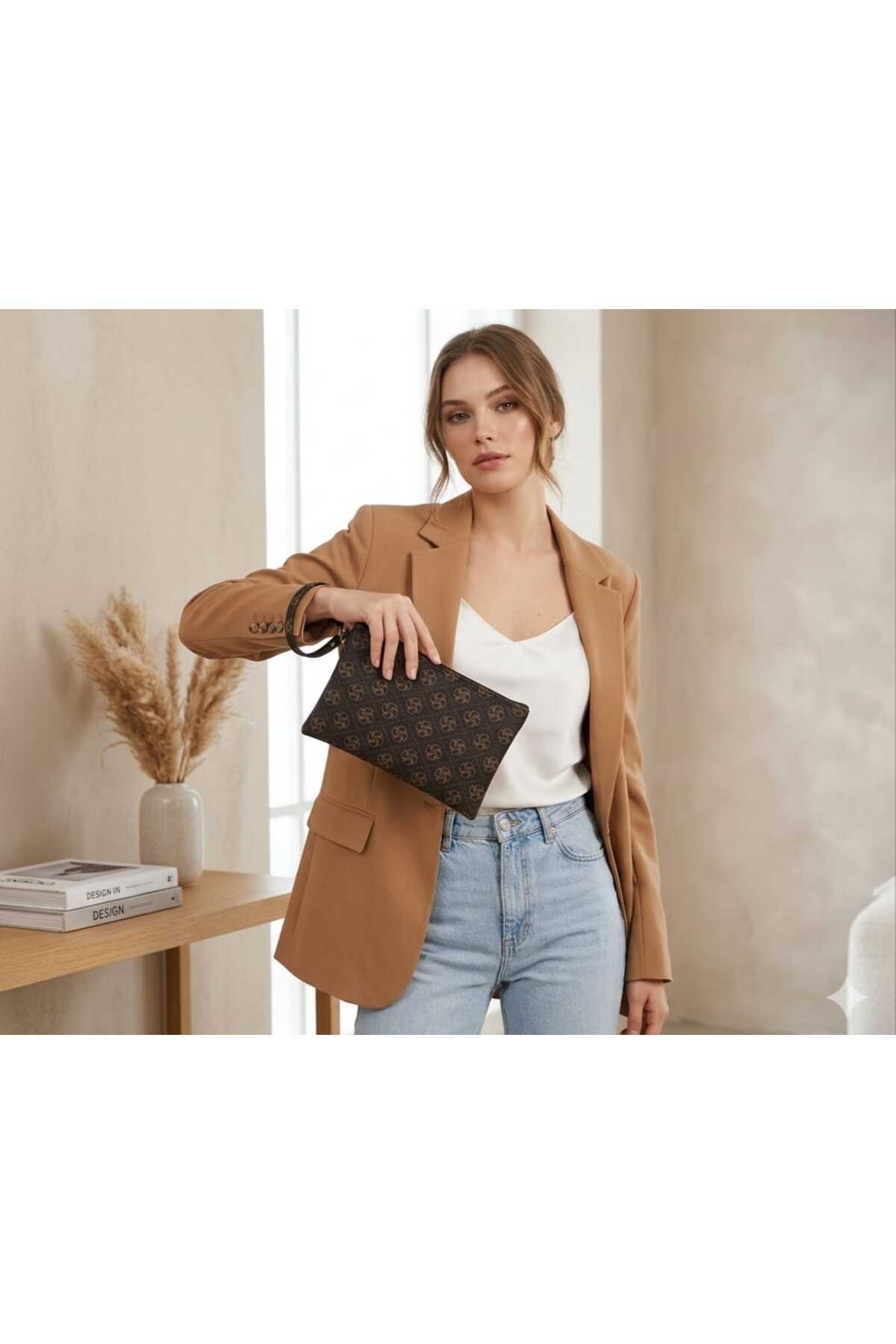 DİAMOND OUTLET Siyah-Gri-Beyaz- Clutch Çanta, 23x14 Cm Fermuarlı Şık El Çantası Günlük Kullanım görsel 6