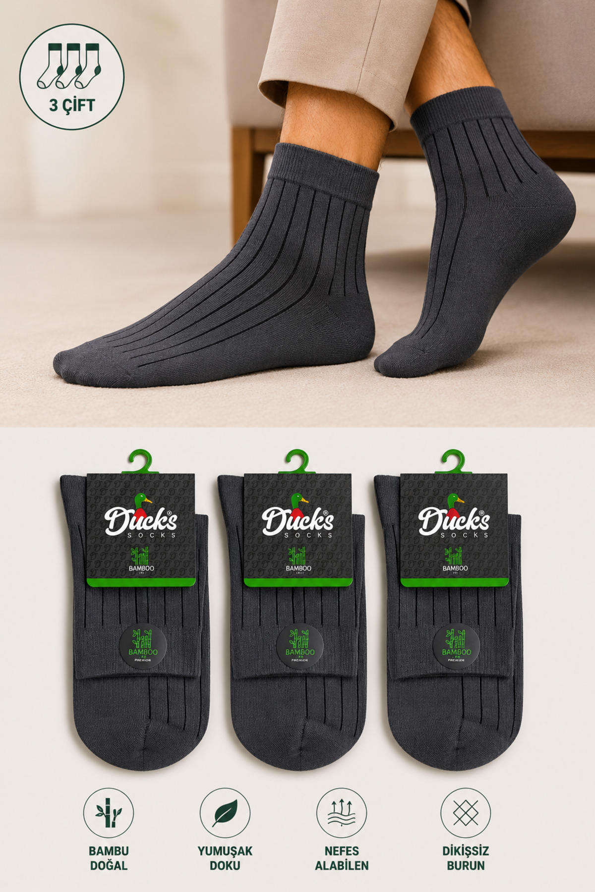 Erkek Bambu Dikişsiz Kısa Konç Erkek Çorap 3'lü Yıkamalı Derbili Çizgili Çorap Füme