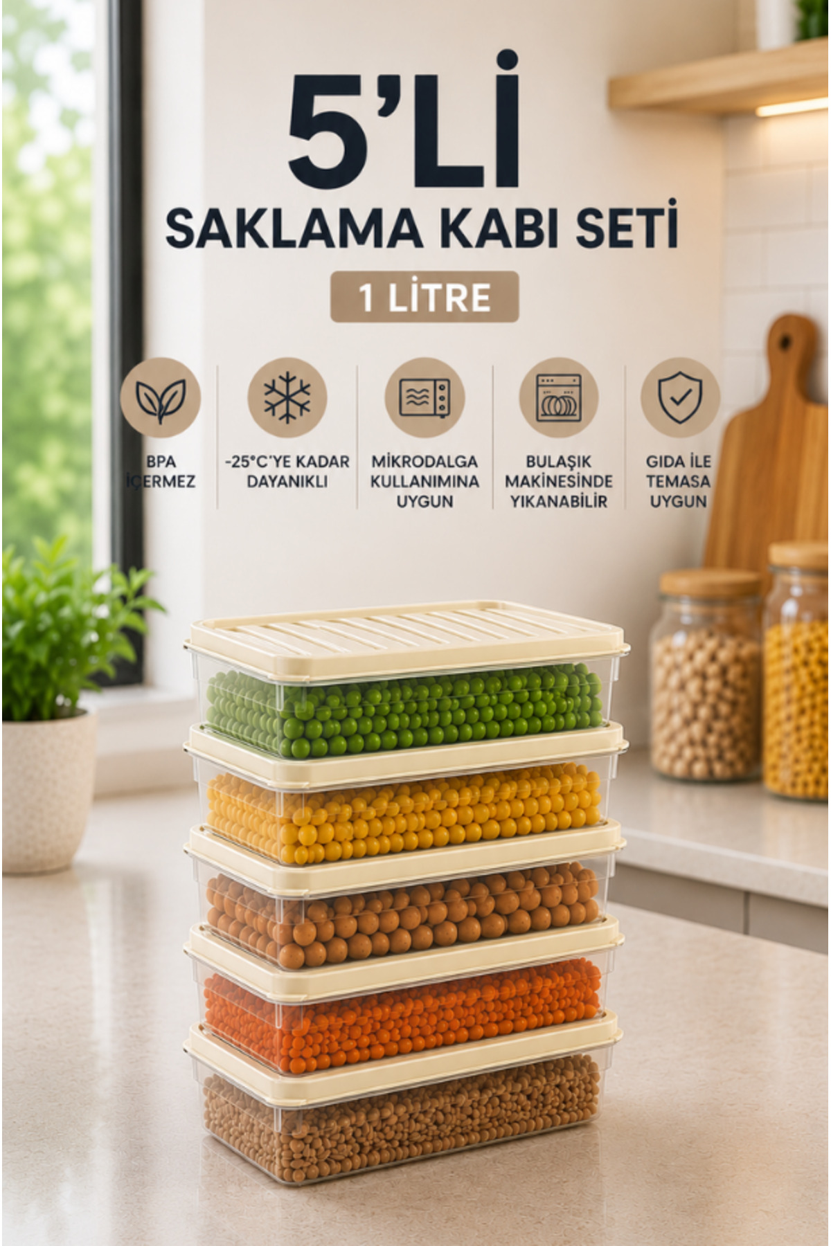 CULIQ 5'li Saklama Kabı Seti 1 Litre BPA'sız Mikrodalga ve Derin