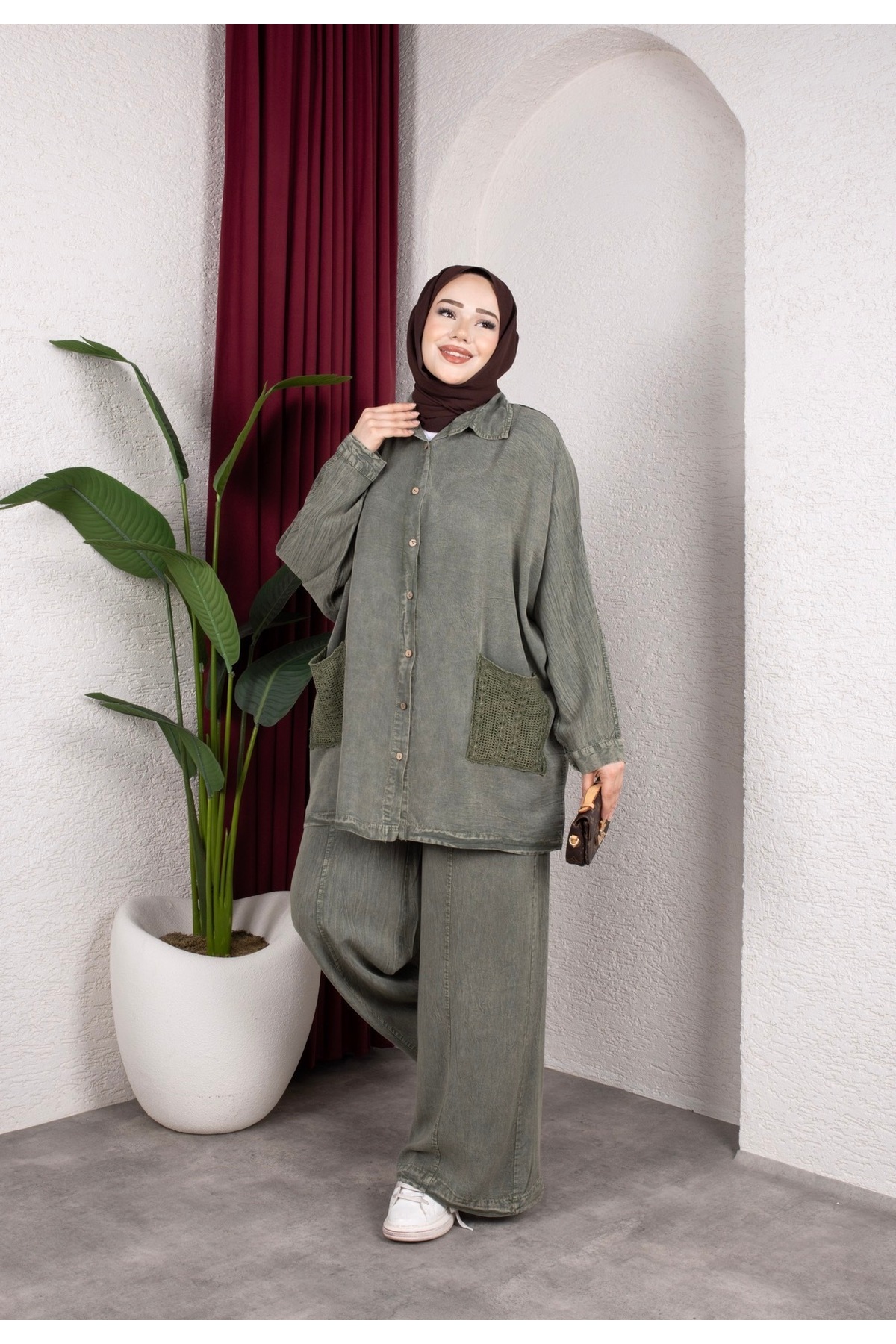 MODAMÜNASİP Great 100% Cotton Tencel Fabric Special Design Trouser Suit with Pocket Knit Detail