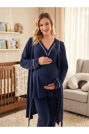 Lohusa Homewear Yeni Sezon Lacivert Yazlık Emzirme Özellikli Özel Tasarım Biy...