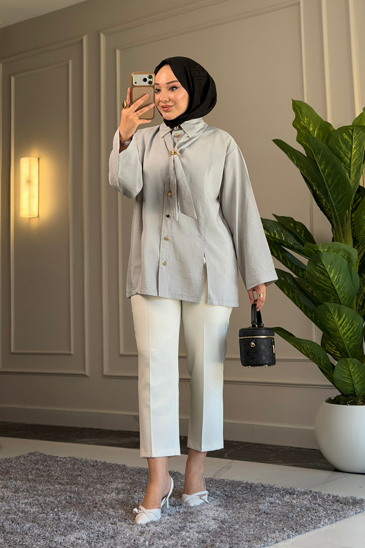 Suede Style  6463 - Şık Rahat Kravat Detaylı Dokuma Şeftali Kumaş Kadın Gömlek - Görsel 4
