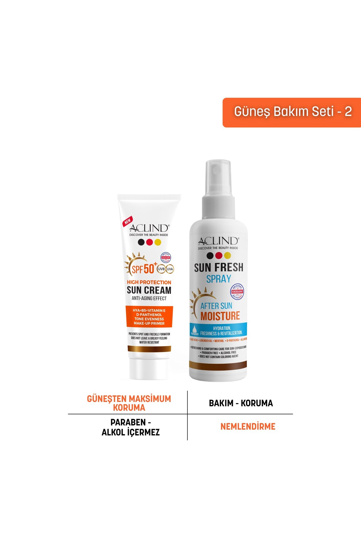 Aclind Leke Karşıtı SPF 50+ Güneş Kremi 50 ml + Sun Fresh Güneş Sonrası Ferahlatıcı Sprey 100 ml Se — aclindgs