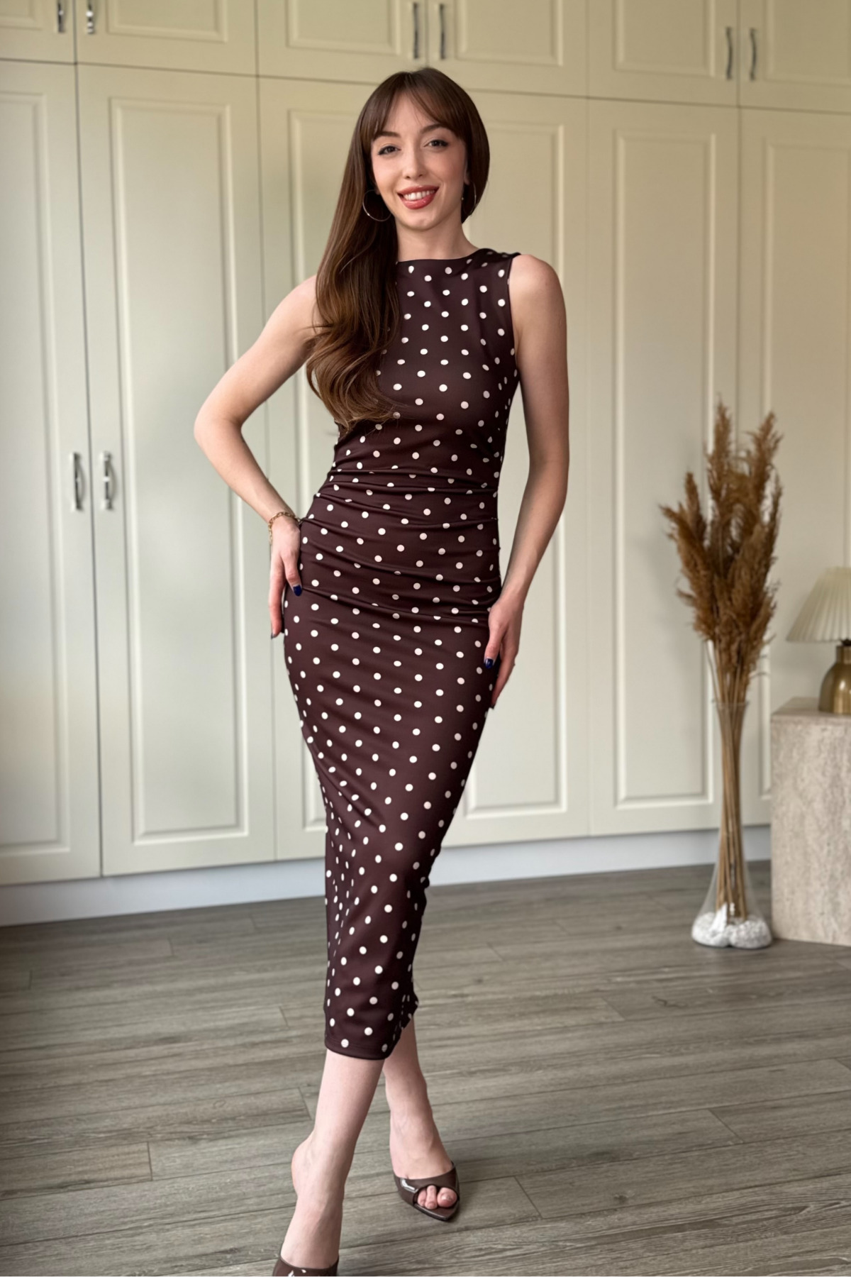 Draped Polka Dot Detailed Slit Midi Brown Dress