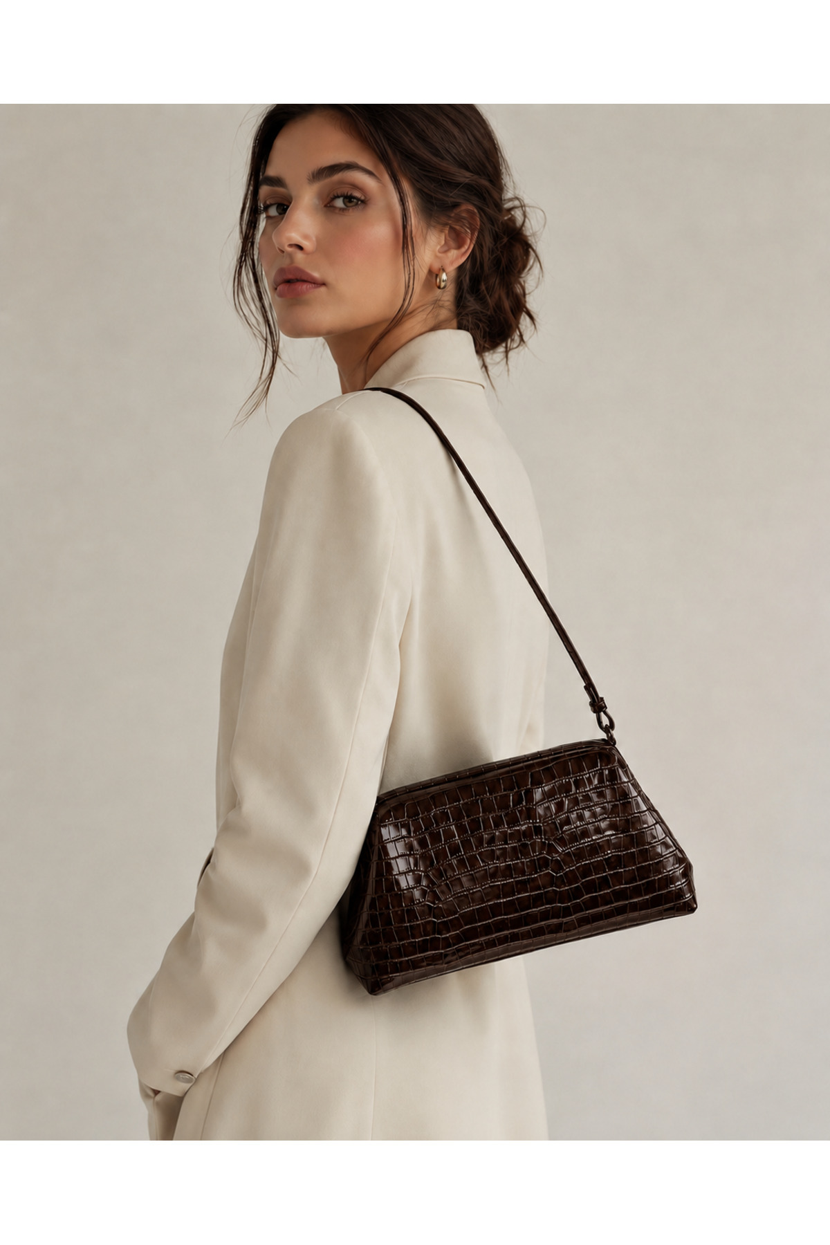 Marcc Bag Acı Kahve Kroko Desenli Hakiki Deri Parlak Kadın Omuz Çantası / Clutch Çanta