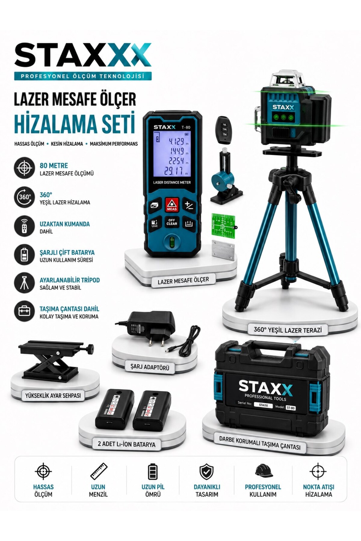 STAXX POWER Lazer Mesafe Ölçer ve 360° Yeşil Lazer Terazi Seti 80 Metre Tripodlu Profesyonel Ölçüm Kiti