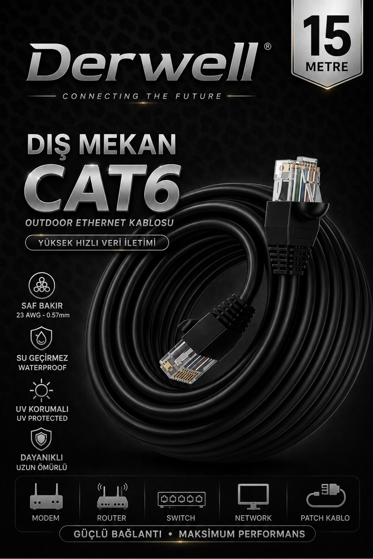 15 METRE CAT6 Dış Mekan Outdoor Ethernet Kablosu 23 AWG 0.57mm Kalın Saf Bakır İnternet Ağ Kablosu Yüksek Hızlı Veri İletimi Su Geçirmez UV Korumalı Dayanıklı Siyah Modem Router Switch Patch Kablo