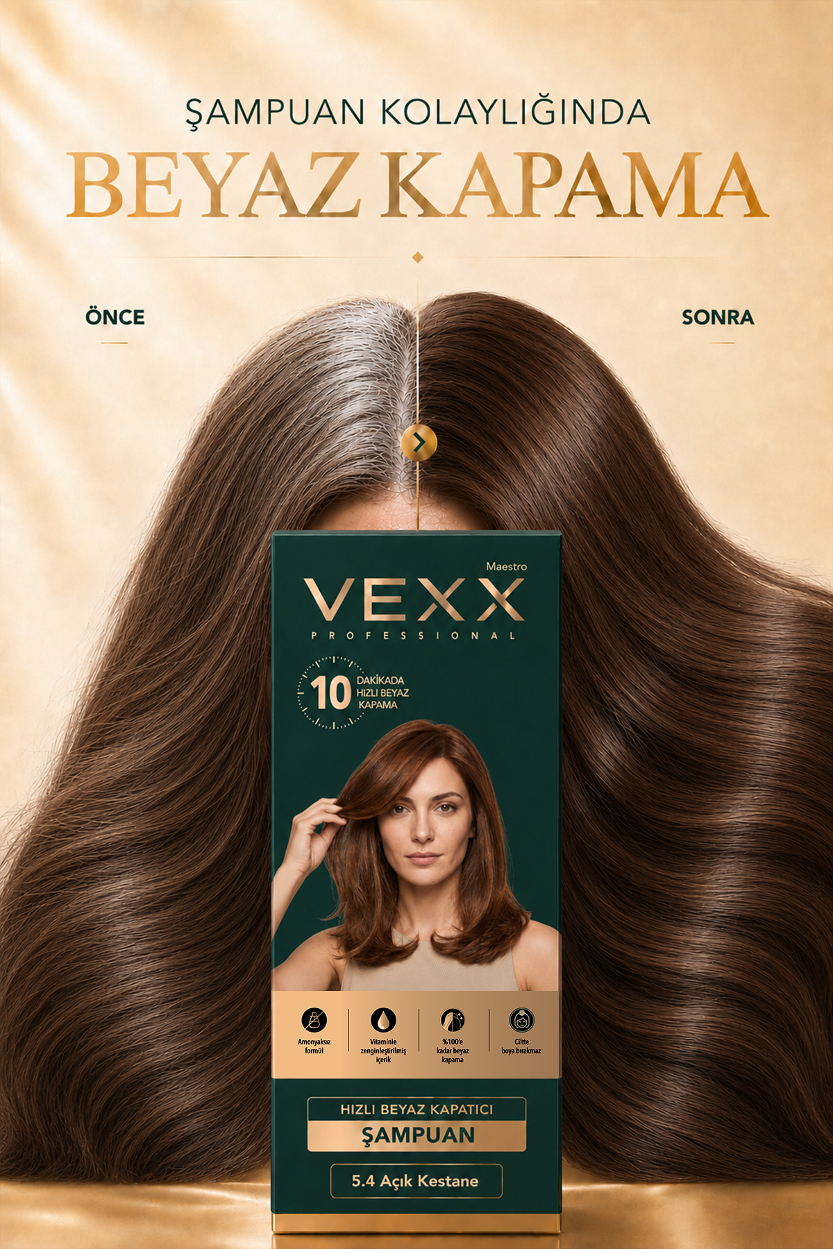 Vexx Professional Beyaz Kapatıcı Pratik Boya Şampuan (Açık Kestane 5.4) Amonyaksız Formül 300 ml. — قهوه‌ای vexx34 — تصویر 2 از 6