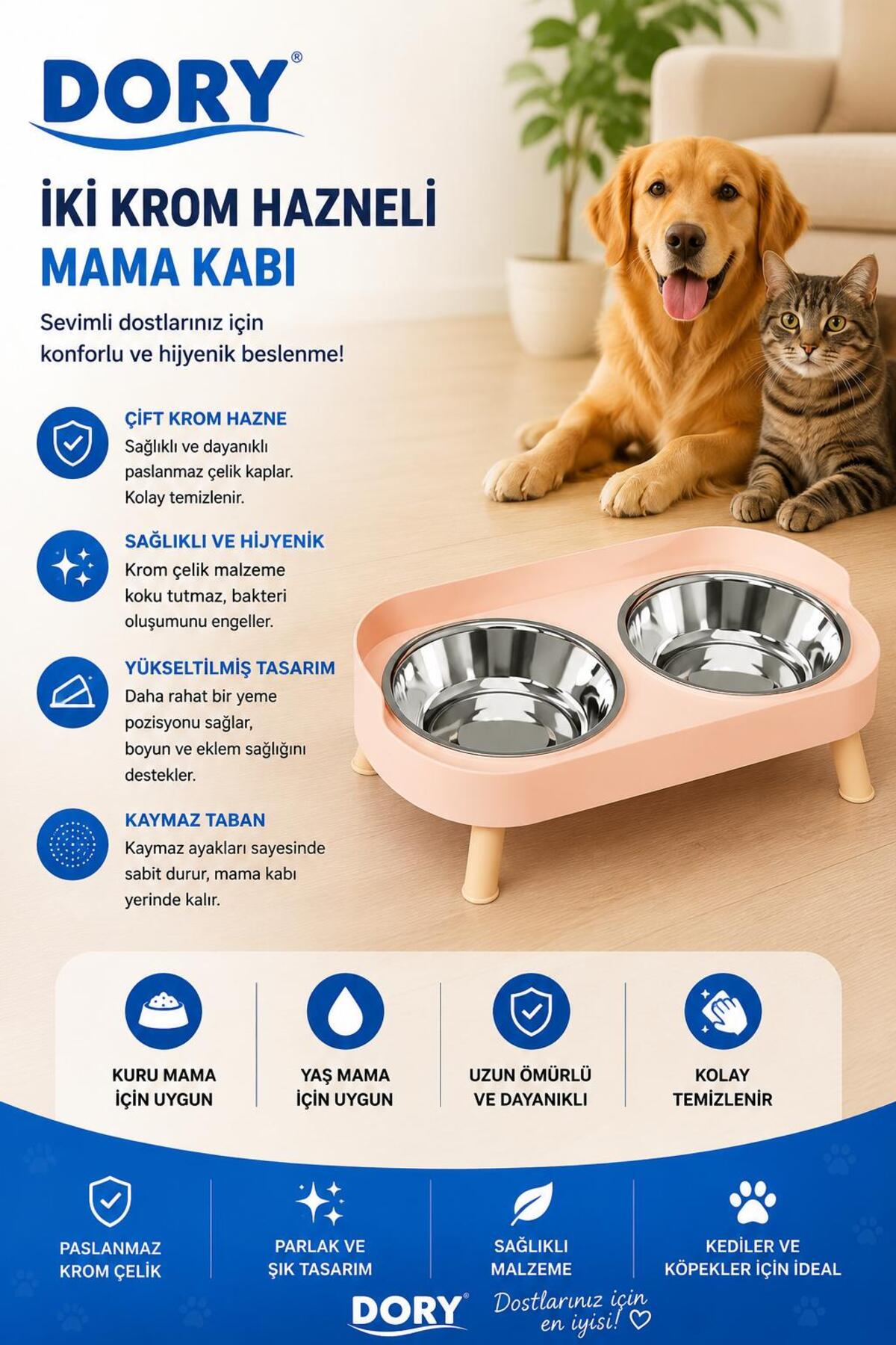 Dory İki Krom Hazneli Plastik Mama Su Kabı Pembe - Fiyatı, Yorumları