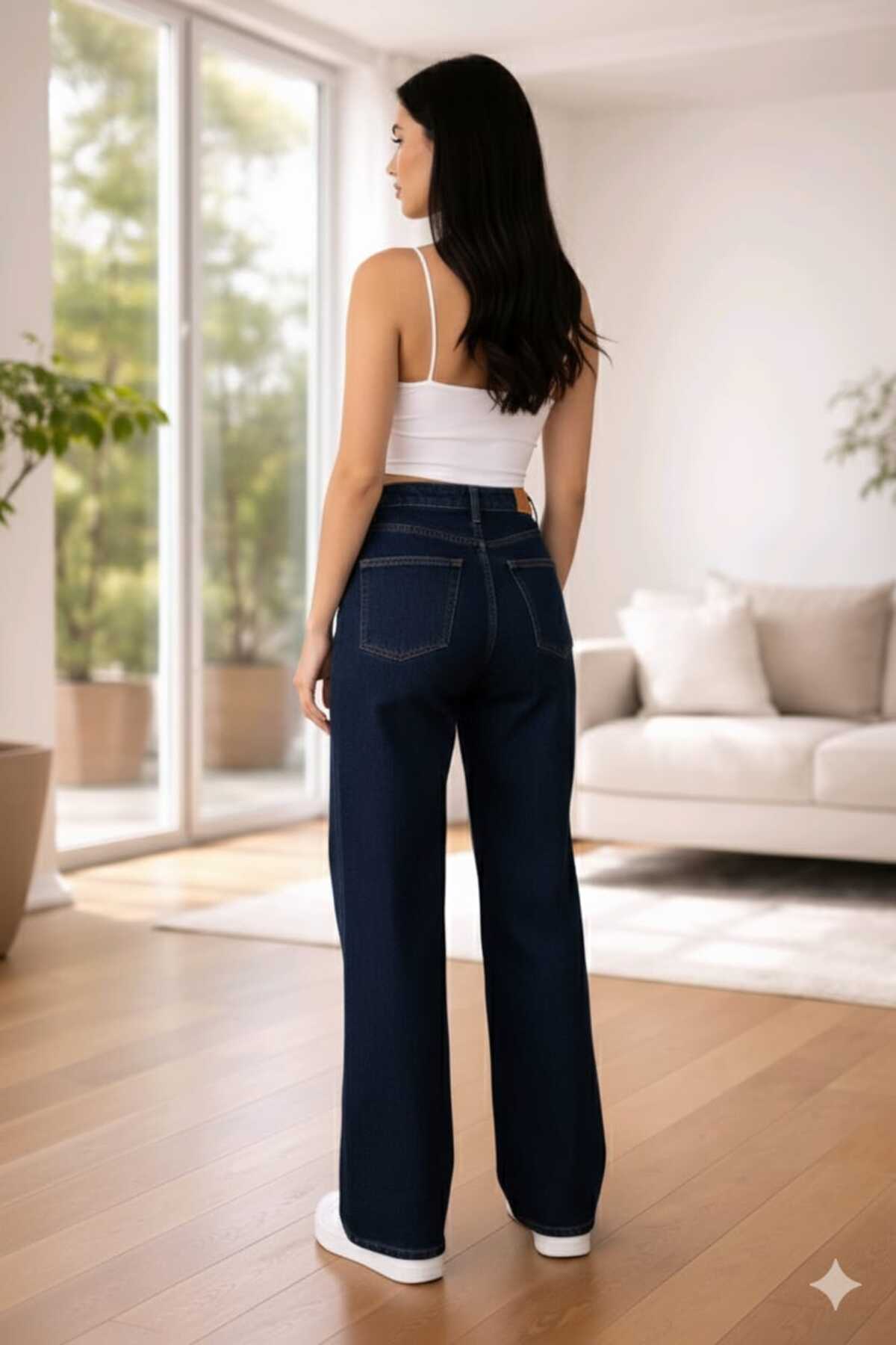 Lighter Jeans Laren Lacivert Likralı Wide Leg Palazzo Jean Yüksek Bel Bol Paça Kadın Pantolon görsel 6