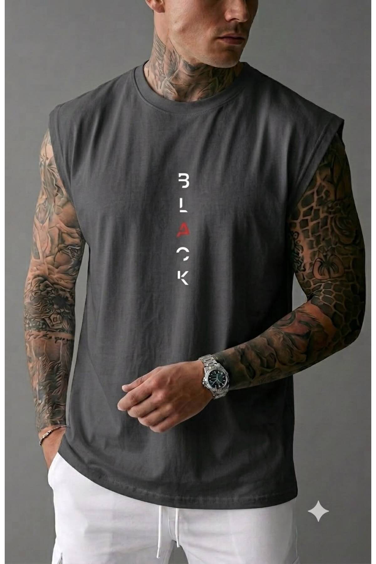 FAVORİST BLACK Baskılı Erkek (Sıfır Kol) Kolsuz Sporcu Atlet T-shirt