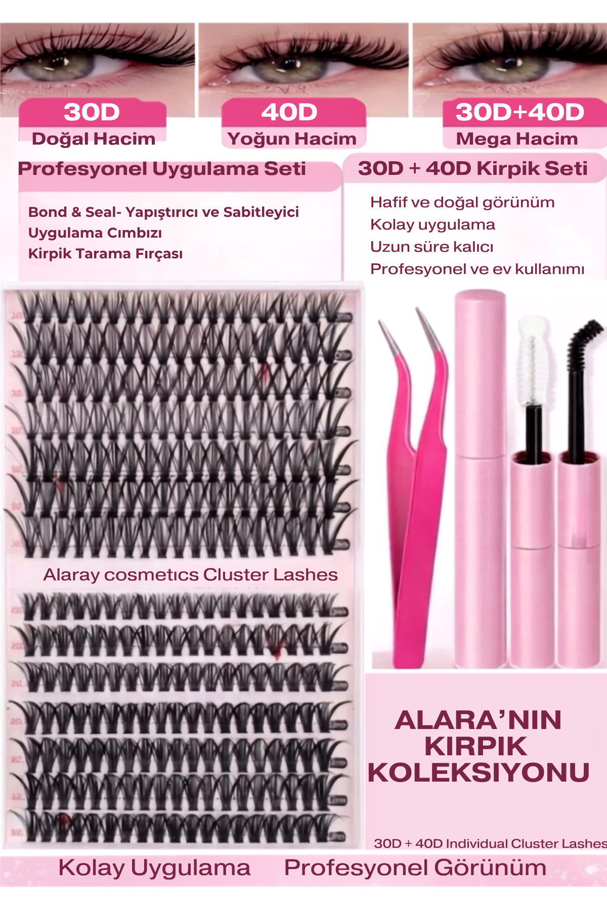 alaraycosmetics ست کامل مژه مصنوعی - 30D - 40D (ترکیبی از 10 تا 16 میلی‌متر) شامل چسب، فیکساتور و موچین — 3040mix