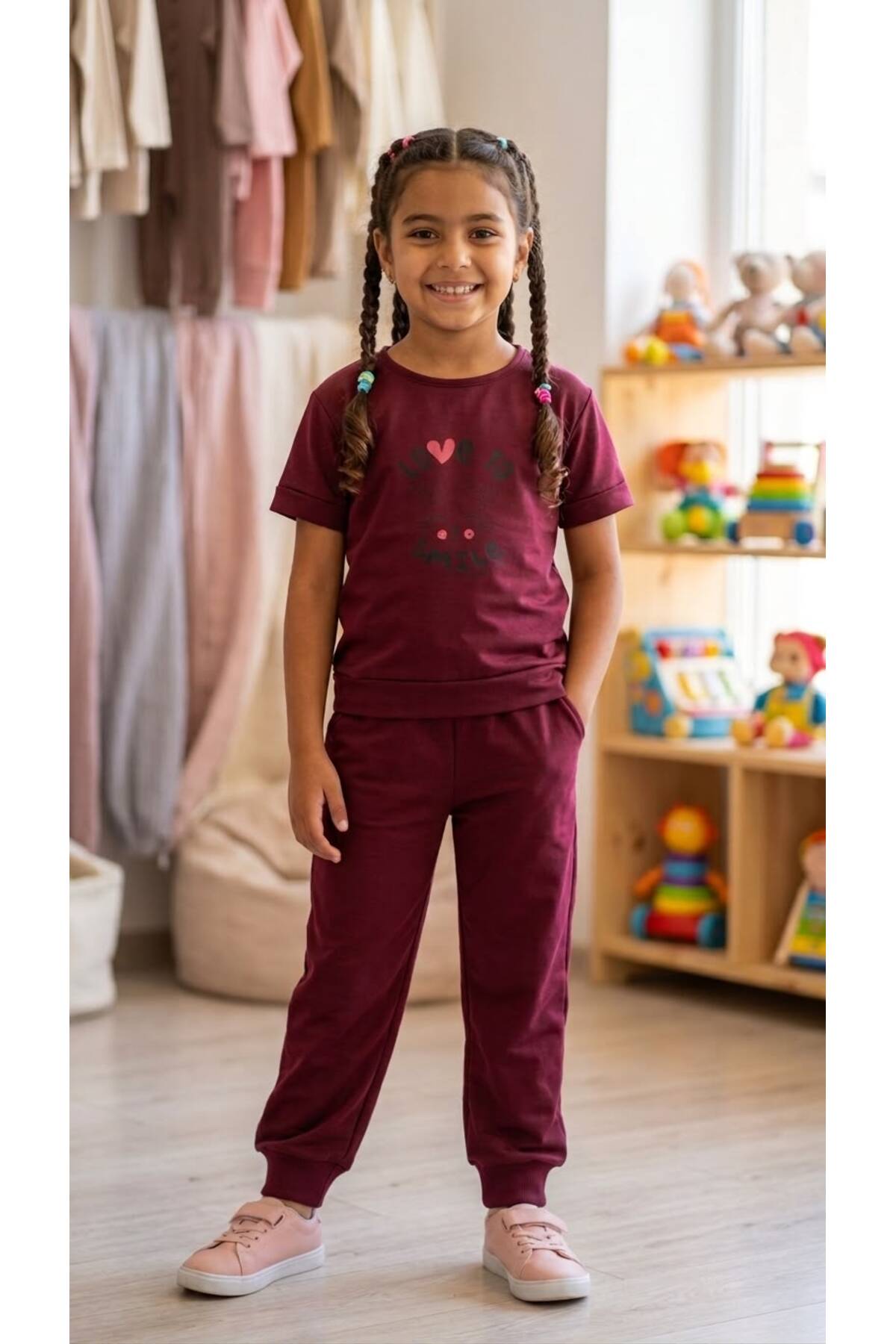 FAMES PİJAMA Children's Burgundy Color Short Sleeve Printed Pajama Set