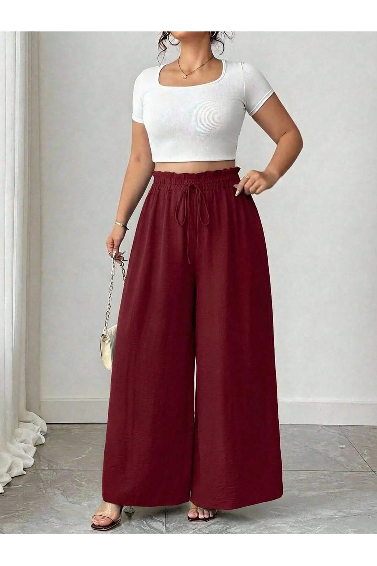 tuzu moda Büyük Beden Pantolon Bol Paça Büyük Beden Beli Lastikli Pantolon görsel 5