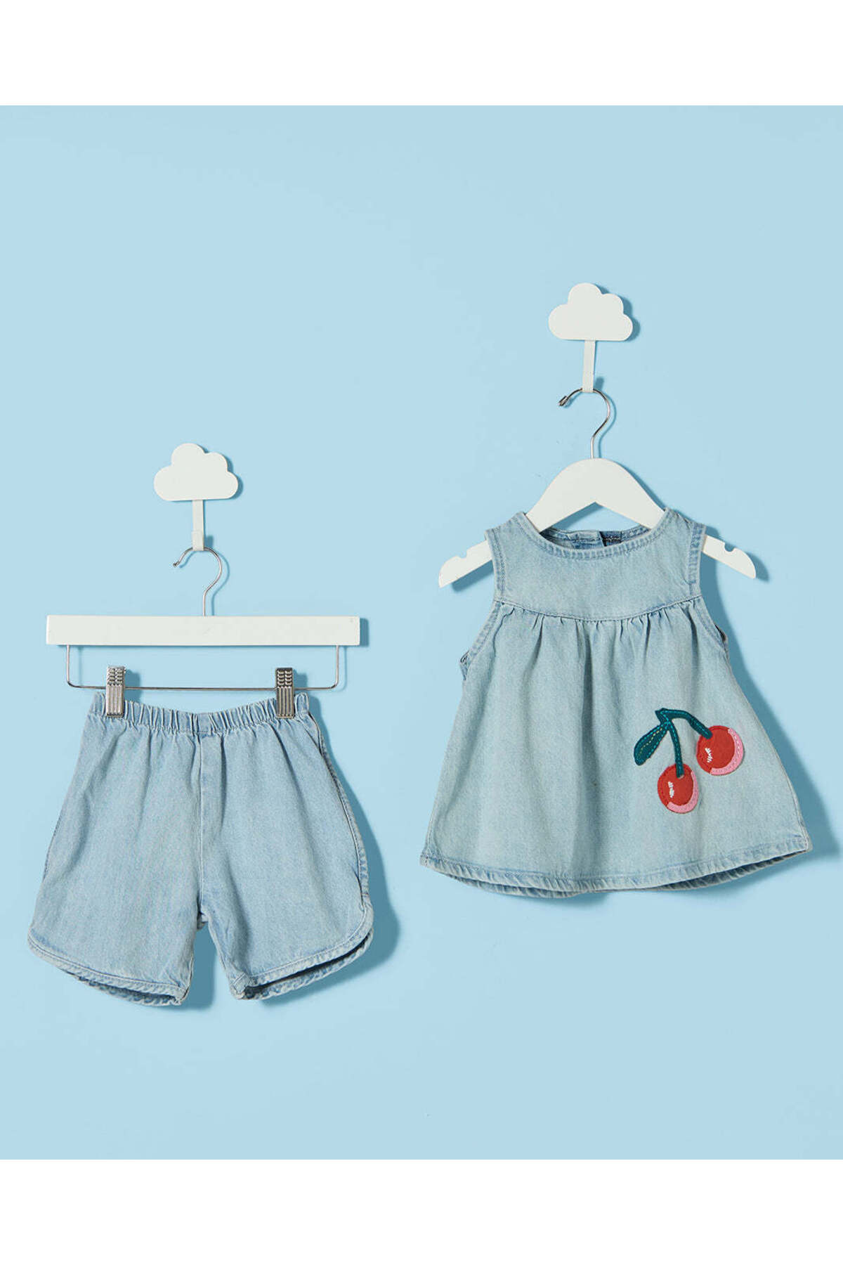 REDTAG Infant Girls Blue Cherry Top And Shorts Set