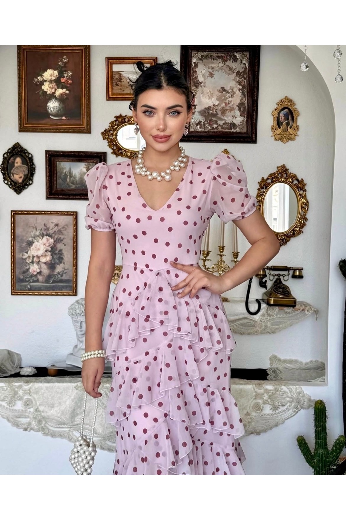Dilek Vardar Powder Pink Chiffon Polka Dot V-Neck Layered Ruffle Dress