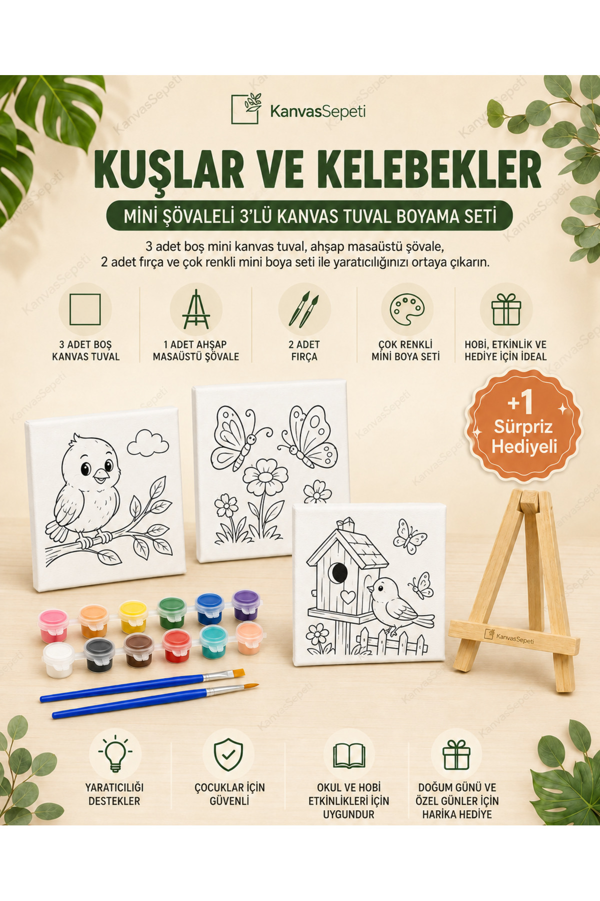 Kuşlar ve Kelebekler Mini Şövaleli 3'lü Boyanabilir Kanvas Tuval Seti 20x20 12 Renk Boya