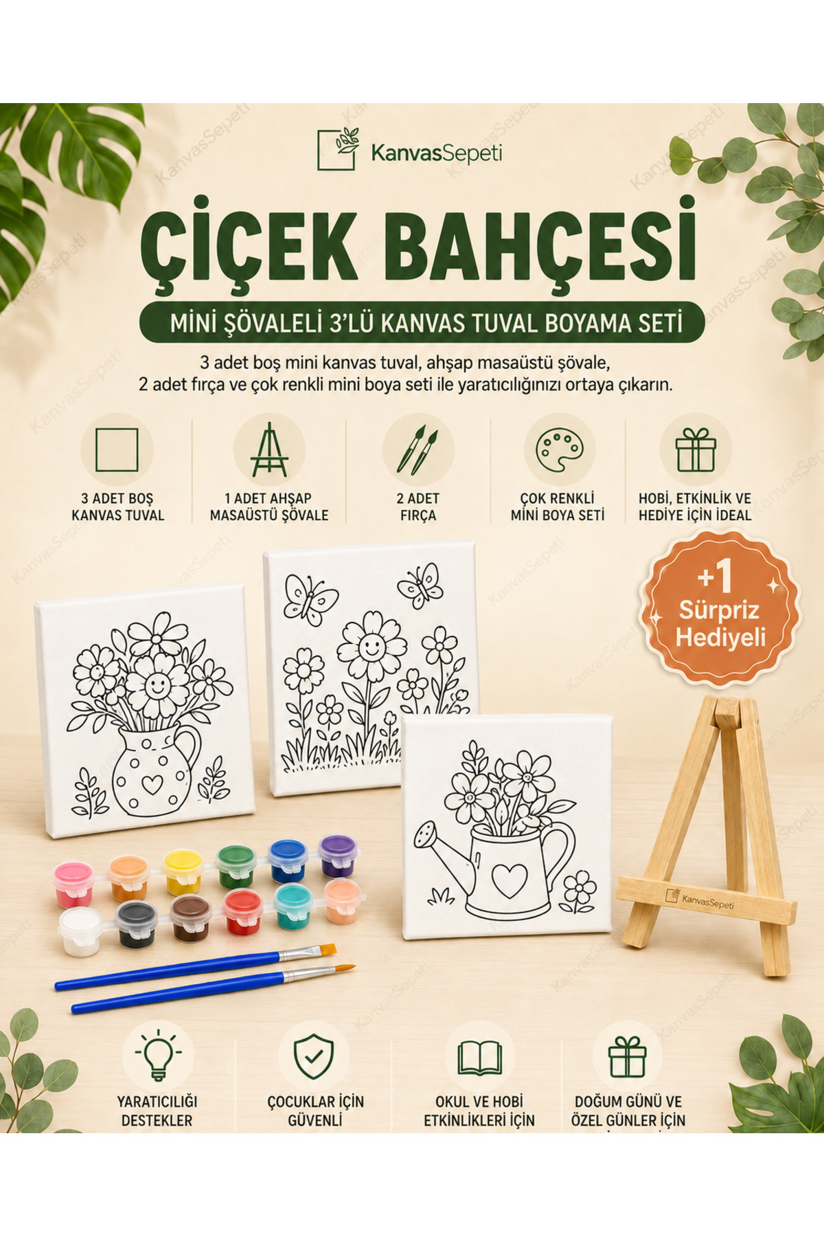 Çiçek Bahçesi Mini Şövaleli 3'lü Boyanabilir Kanvas Tuval Seti 20x20 12 Renk Boya