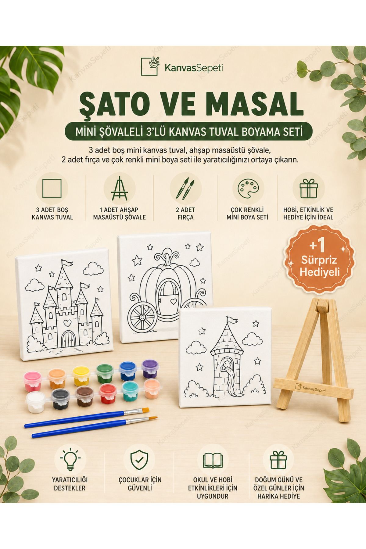 Şato ve Masal Mini Şövaleli 3'lü Boyanabilir Kanvas Tuval Seti 20x20 12 Renk Boya