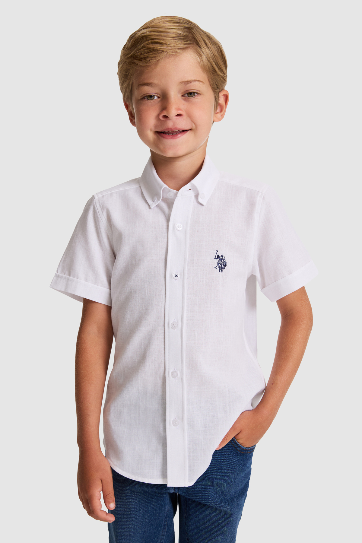 U.S. Polo Assn. Erkek Çocuk Beyaz Kısa Kollu Gömlek 50326122-VR013 — سفید