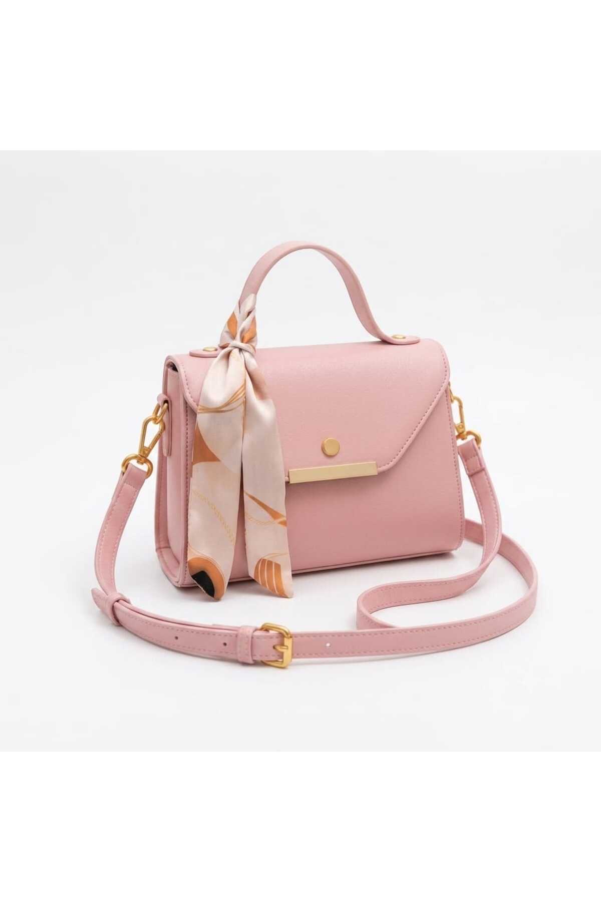METEBAGS Pudra Pembe Suni Deri Fular Detaylı Omuz& El Çantası görsel 3