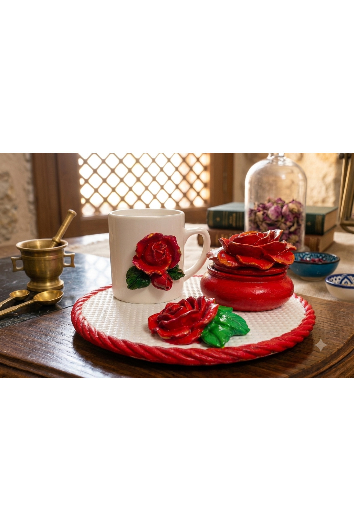 Dekor köşesi Handmade Red Rose Embossed Coffee Presentation Set - 3-Piece Cup, Lidded Sugar Bowl, and Tray Set Gift