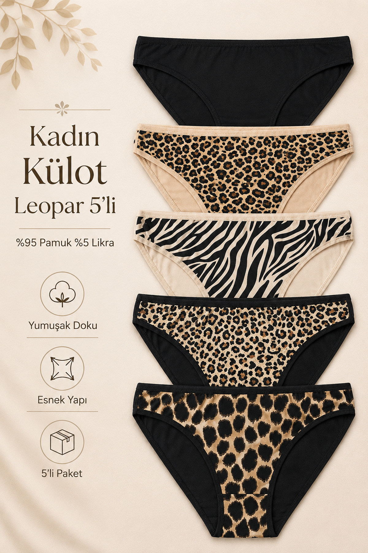 Nicoletta Kadın Külot 5 Li Paket Likralı Pamuklu Leopar Kahverengi görsel 2