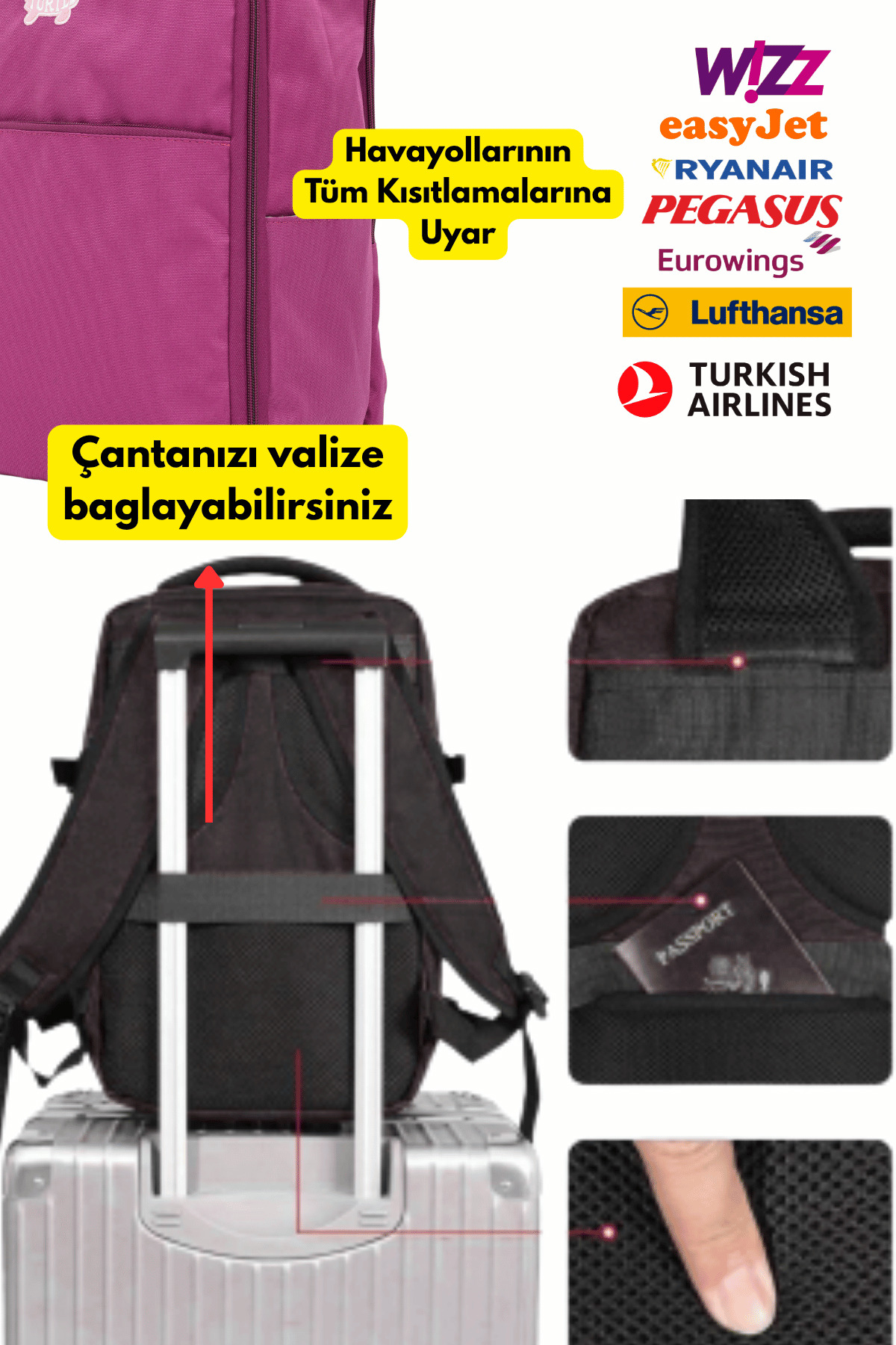 Jet Turtle Seyahat Sırt Çantası 40cm 40x25x15 cm Pegasus, Wizz Air, Ryanair, El Valizi Koltuk Altı Valizi görsel 7