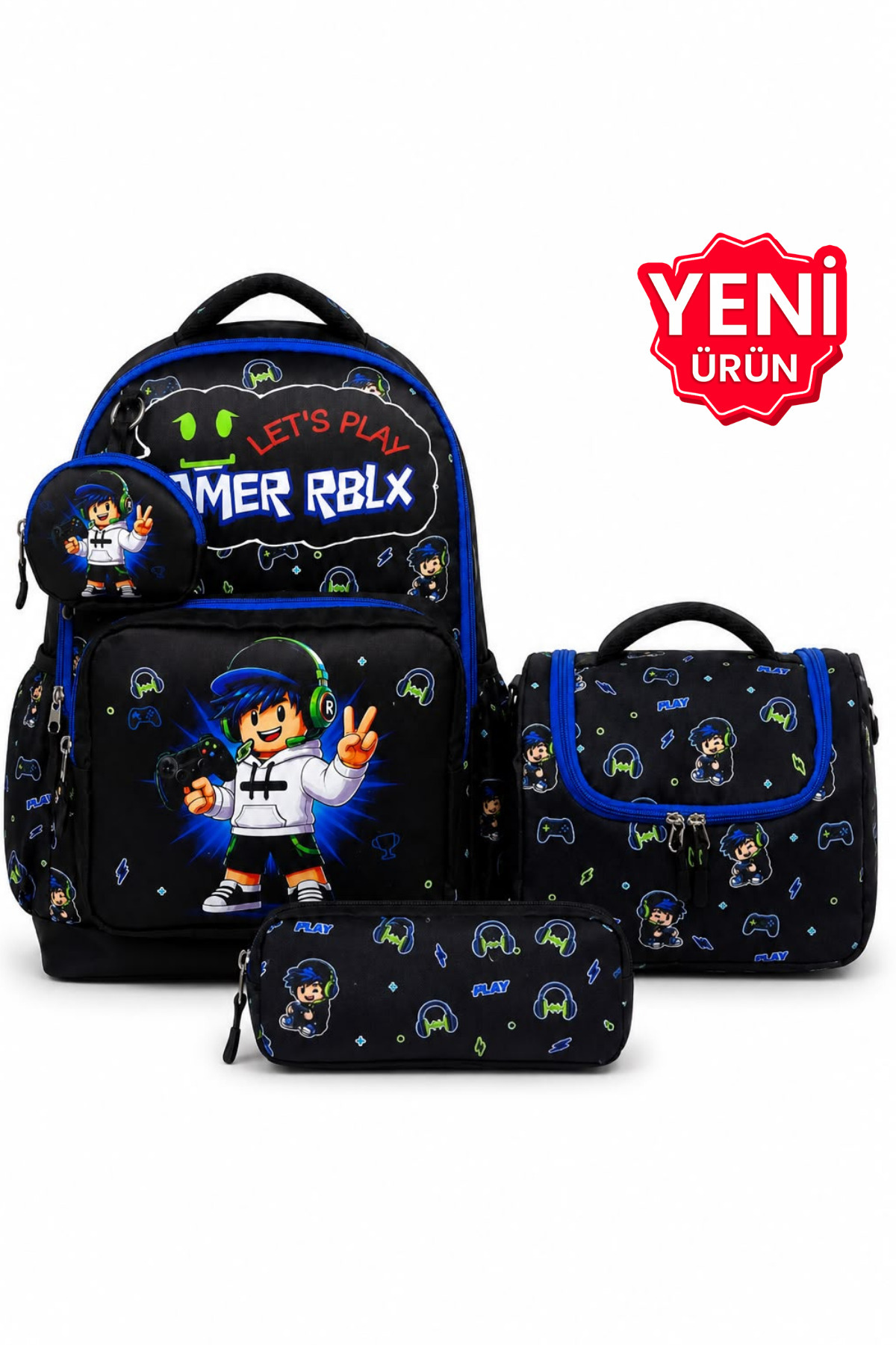 çantamgelsin Set of 4, Boy's Patterned Primary School School Bag + Lunch Box + Pen Holder + Eraser Holder