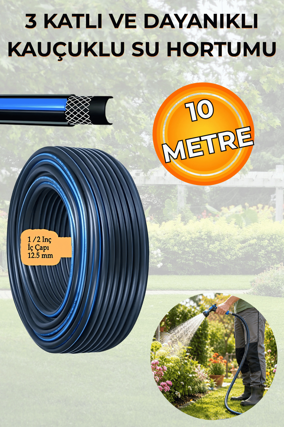 NUBLADO Termo Kauçuklu Bahçe Hortumu 10 Metre Dayanıklı 3 Katlı Sağlam Su Sulama Yıkama Hortum 12.5 mm 1/2"M