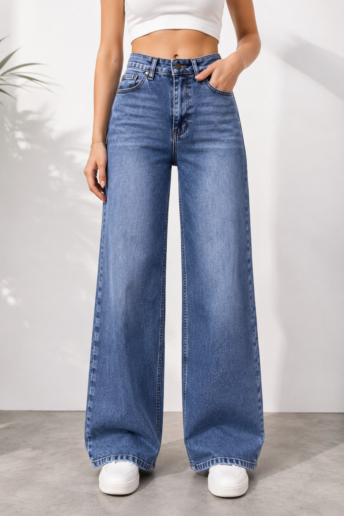 Lighter Jeans Kadın Kar Mavi Yıkamalı Likralı Wide Leg Palazzo Jean Pantolon Yüksek Bel Esnek Bol Paça Denim