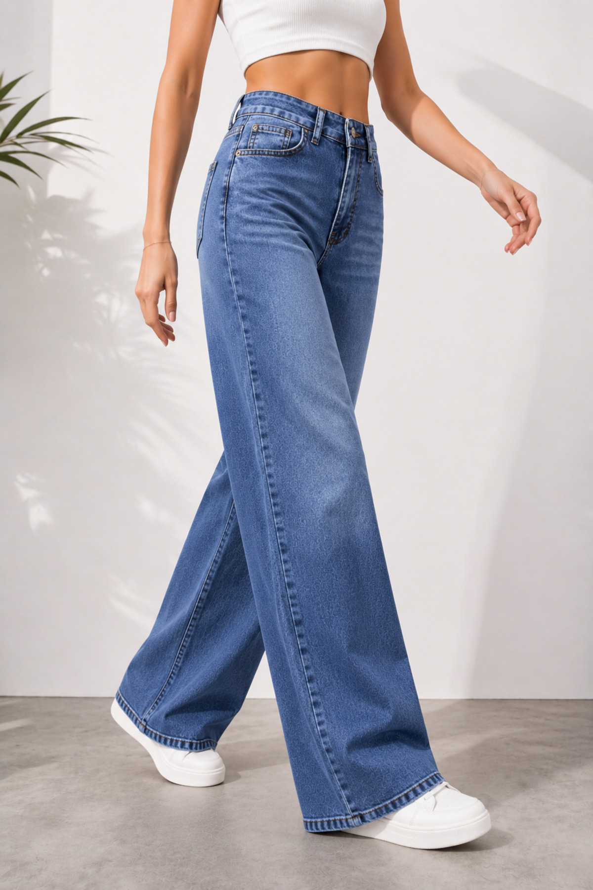 Lighter Jeans Kadın Kar Mavi Yıkamalı Likralı Wide Leg Palazzo Jean Pantolon Yüksek Bel Esnek Bol Paça Denim görsel 4