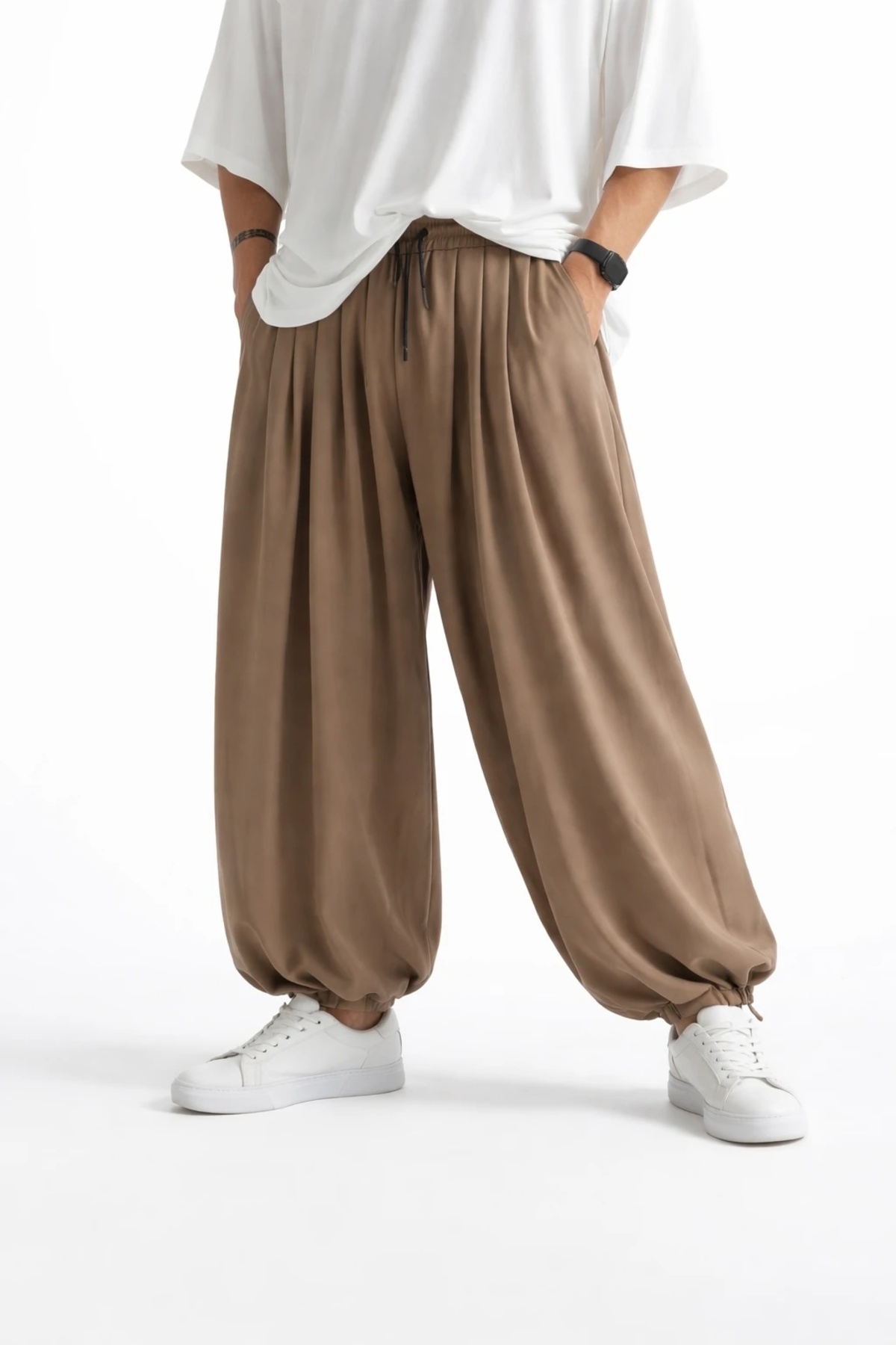 Erkek Hakama Sokak Tarzı Baskılı Bürümcük Spor Şalvar Pantolon — قهوه‌ای 3013-H — تصویر 3 از 6