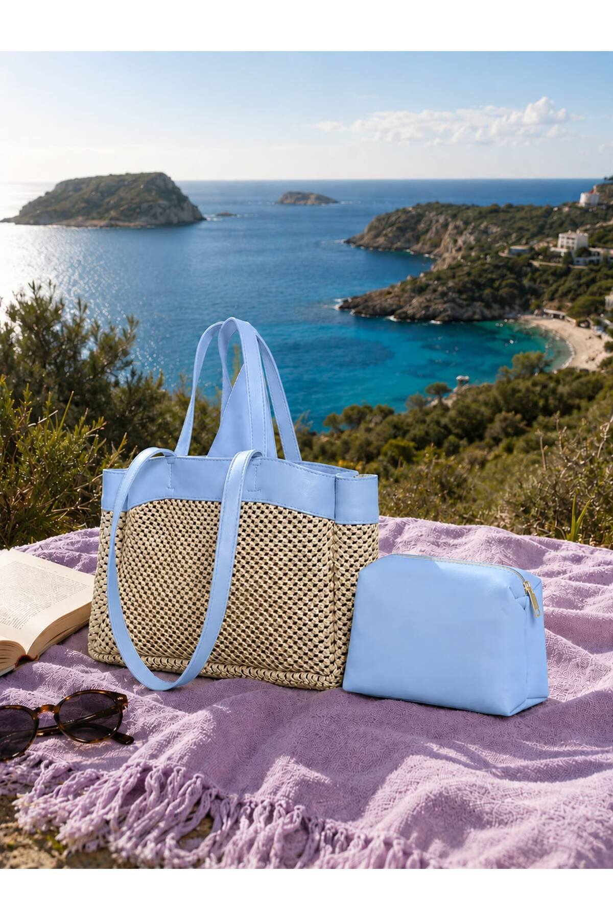 ValeriaBag Summer Time Plaj Çantası + Değerli Eşya Çantası Mavi görsel 4