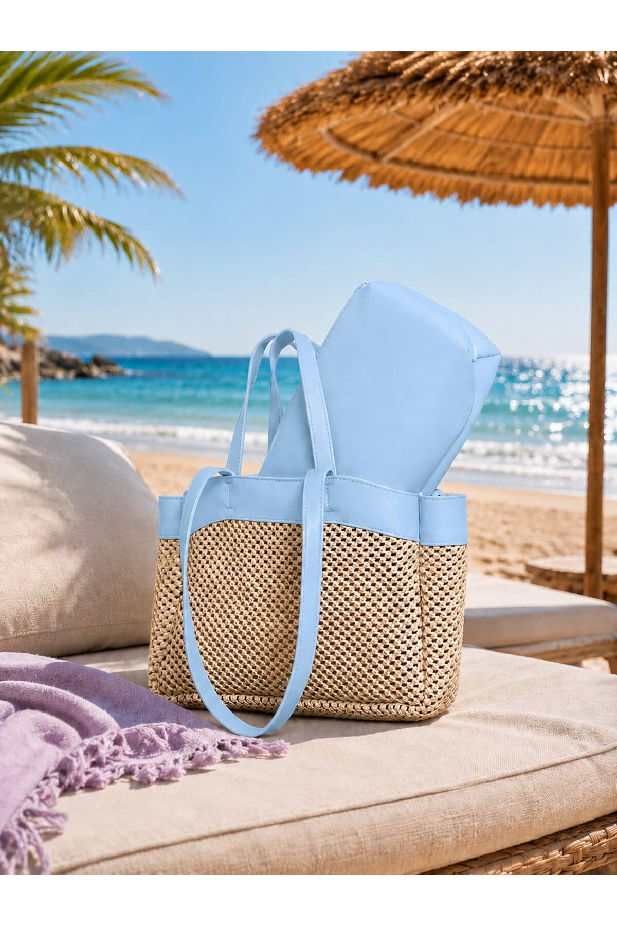 ValeriaBag Summer Time Plaj Çantası + Değerli Eşya Çantası Mavi görsel 6