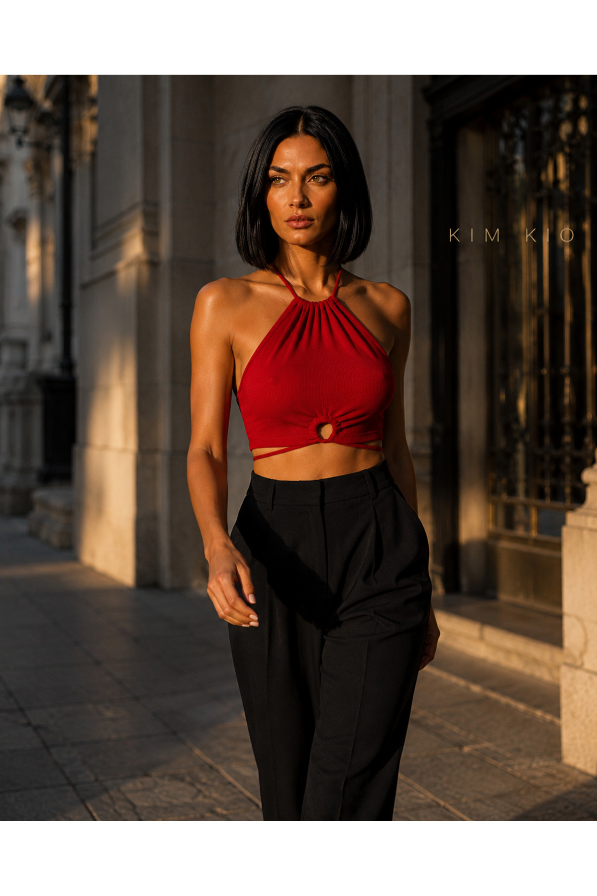 KİM Kİ O Kadın Halter Yaka Ön Halkalı Bağlamalı Kaşkorse Crop Top görsel 4
