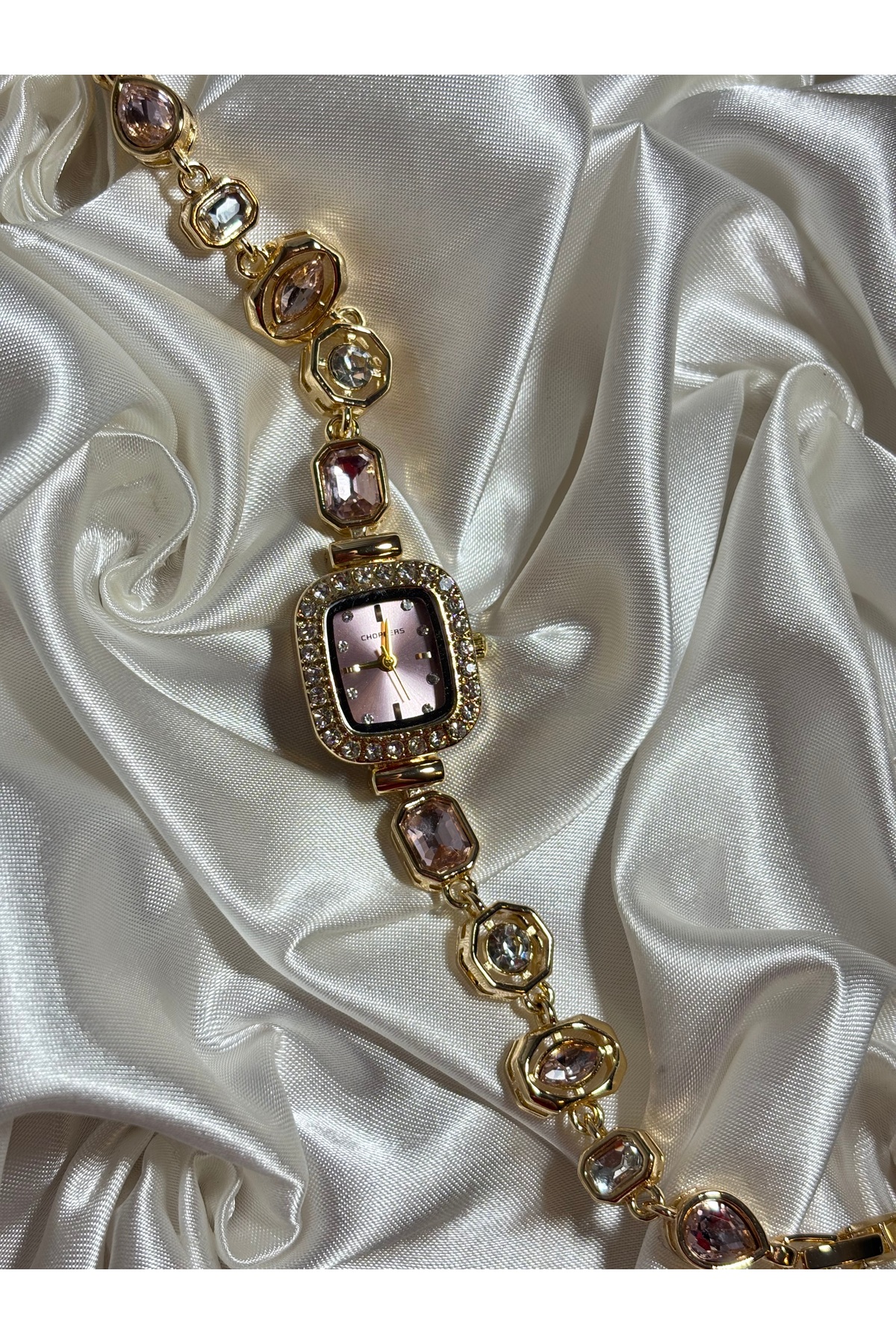Mihristore Pembe Taşlı Pinterest Saat Kadın Kol Saati Bileklik Saat Gold Kadın Saat
