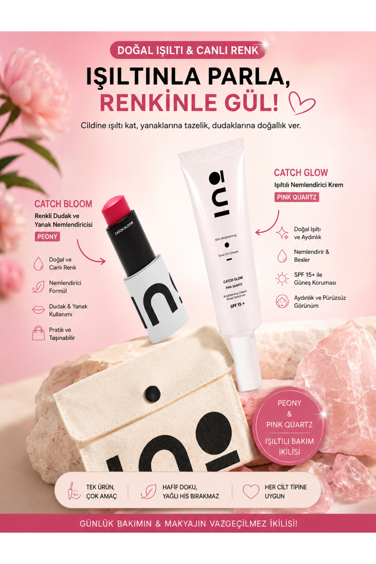 inobeauty Catch Bloom PEONY - Catch Glow PİNK QUARTZ SPF15+ Nemlendirici Krem ve Dudak & Yanak Stick — İNBTY8463475475