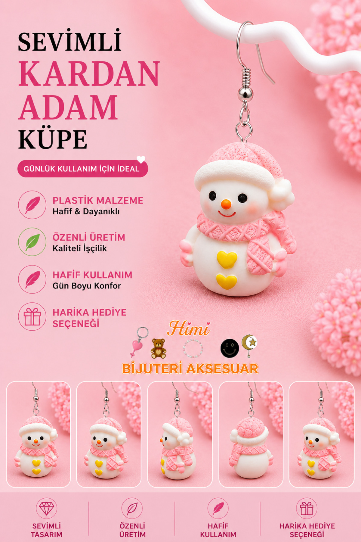 Pembe Şapkalı Kardan Adam Neşeli Sevimli Figürlü Sallantılı Küpeler Hafif Tasarım Günlük Kullanım Bijuteri Çocuk Küpesi