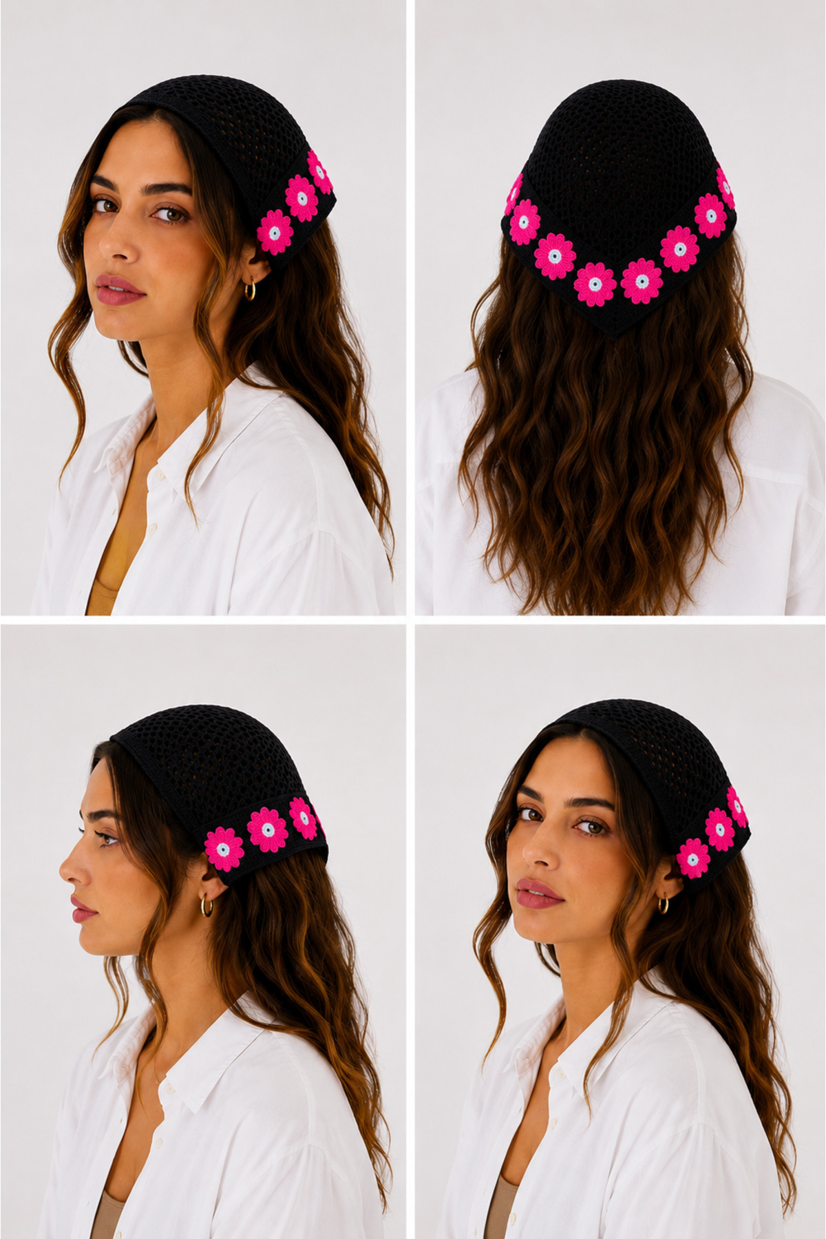 Kadın Örgü Bandana Çiçek Motifli Yazlık Bohem Saç Bandanası