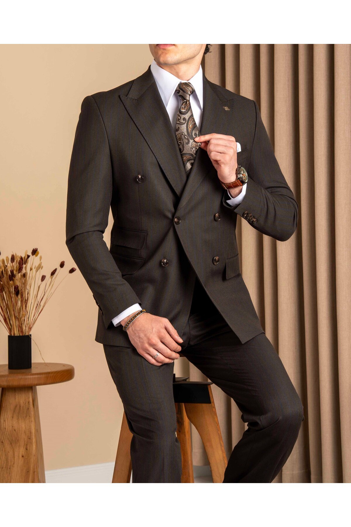 TerziAdemAltun Slim fit erkek sivri yaka çizgili kruvaze ceket pantolon takım elbise kahverengi T20142-03