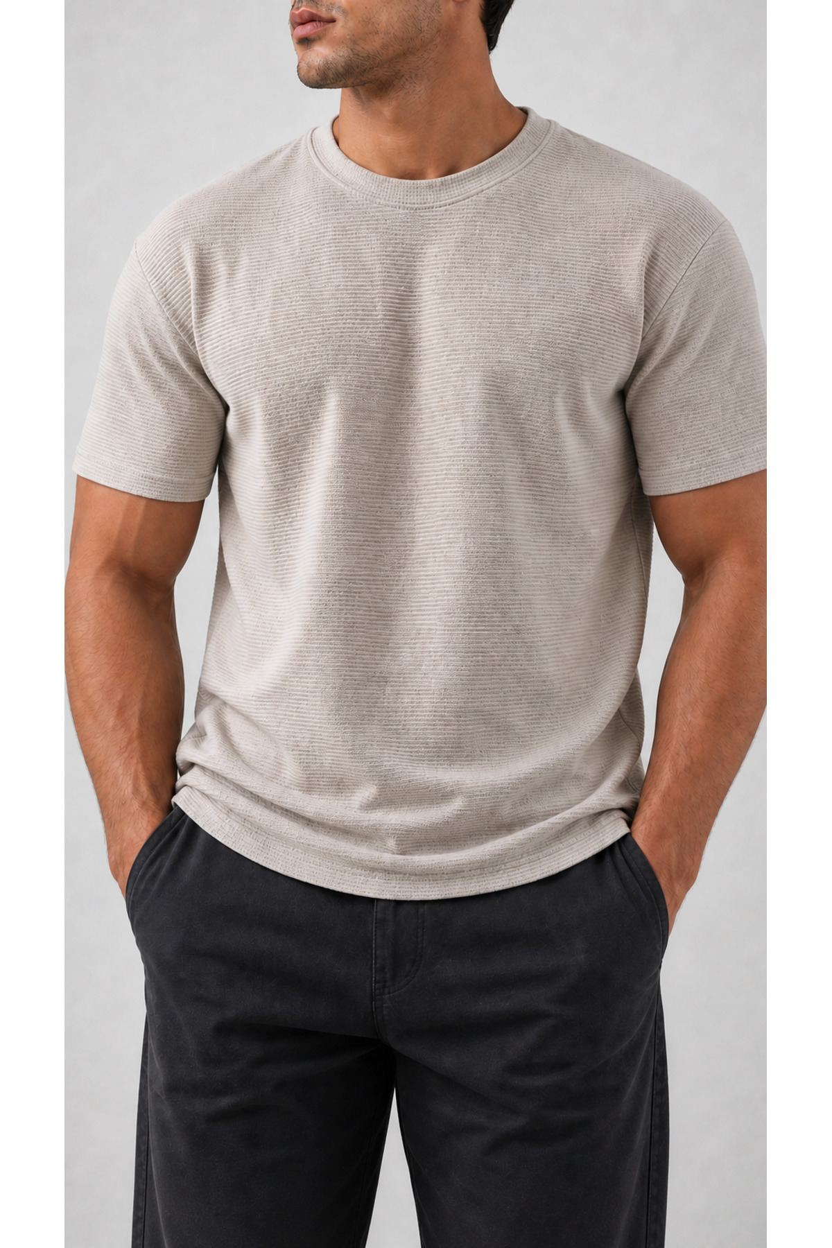 Men's Robert Waffle Fabric Round Crew Neck Short Sleeve Stone T-Shirt