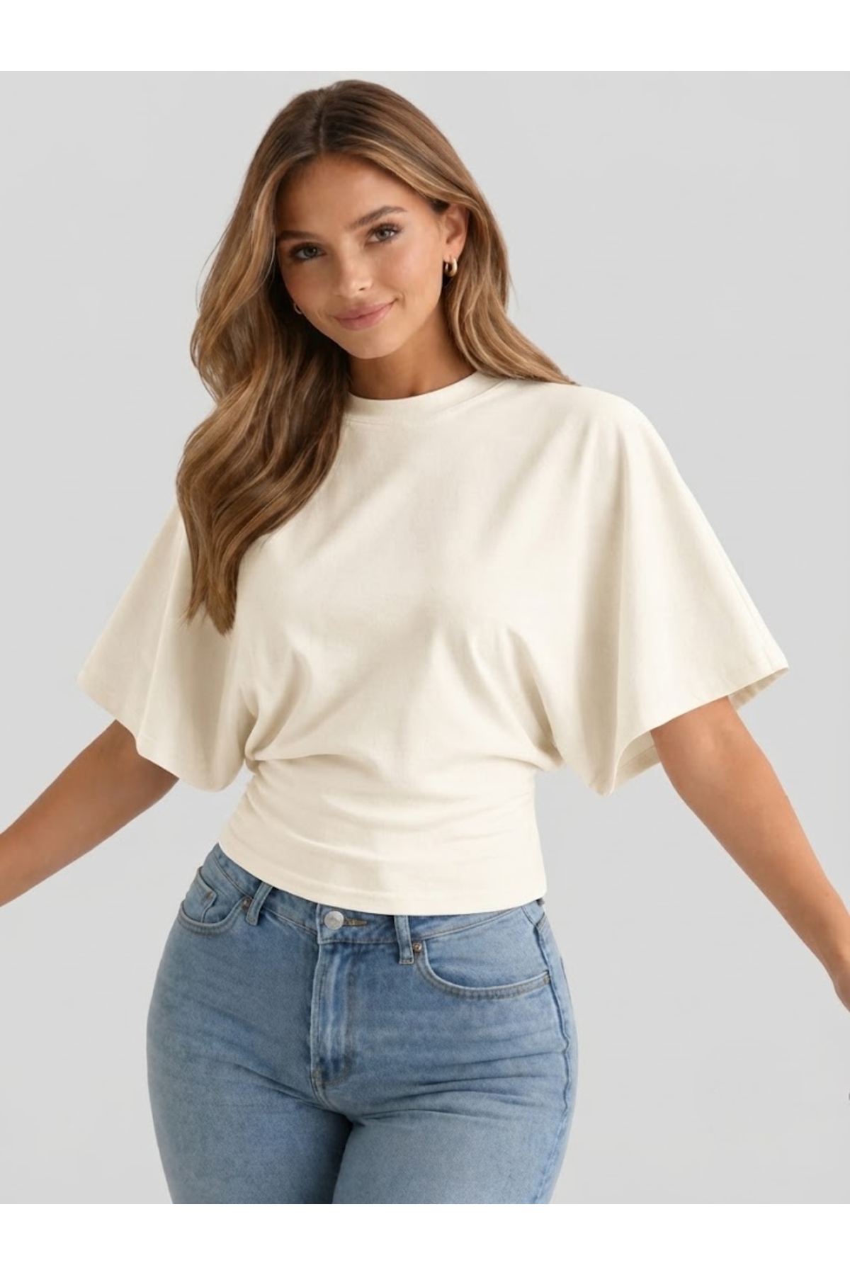FLEX FASHION Women's Fitted, Wide-Sleeved Top Cream Blouse-T-Shirt