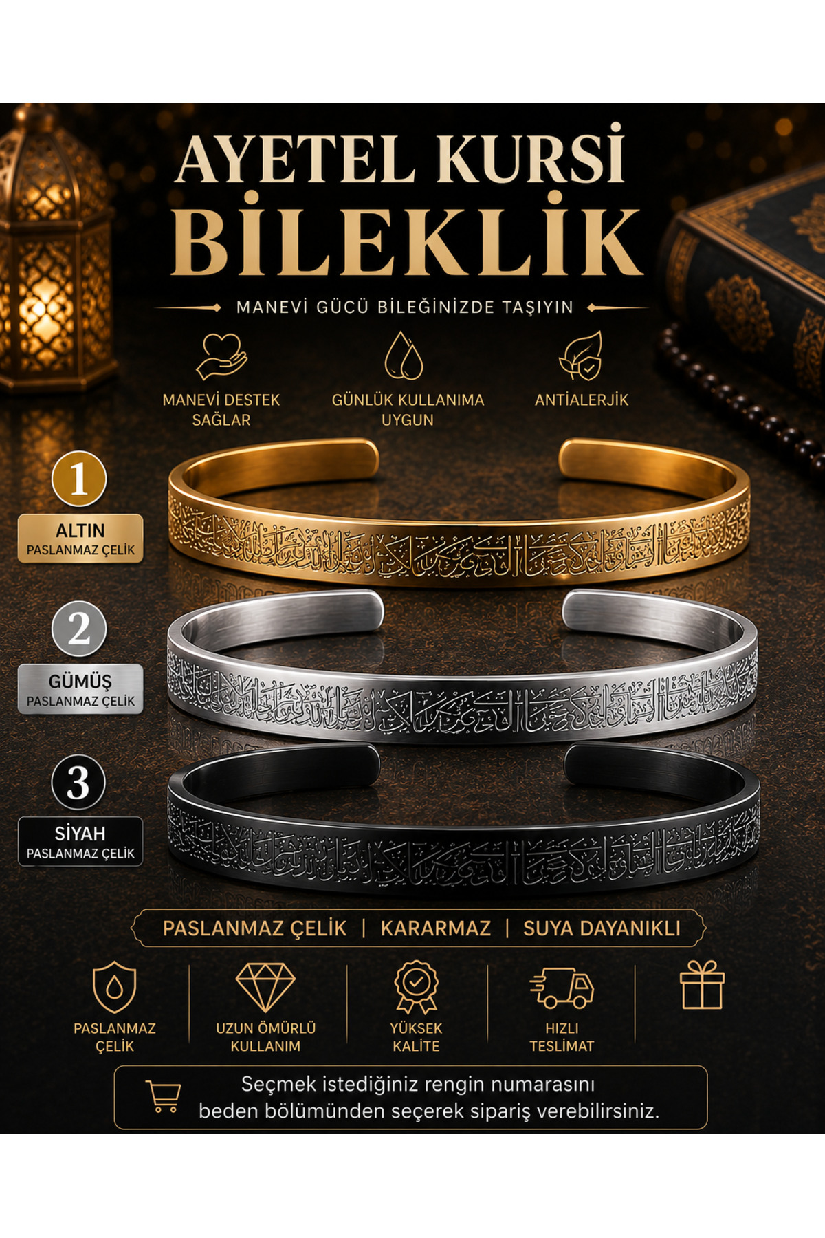 Nutly Accessories Ayetel Kürsi Erkek Çelik Bileklik Gold Gümüş Siyah Renk Paslanmaz Çelik Ayarlanabilir Kelepçe Bileklik