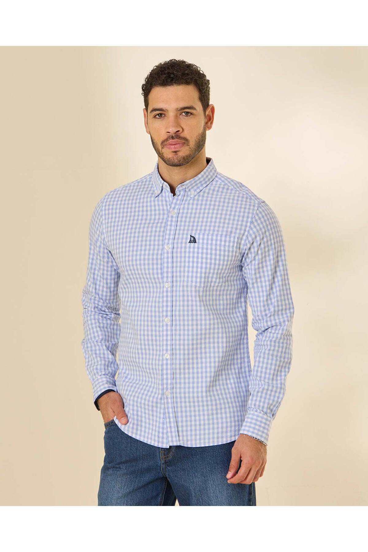 REDTAG Men Blue Checked Embroidered Shirt