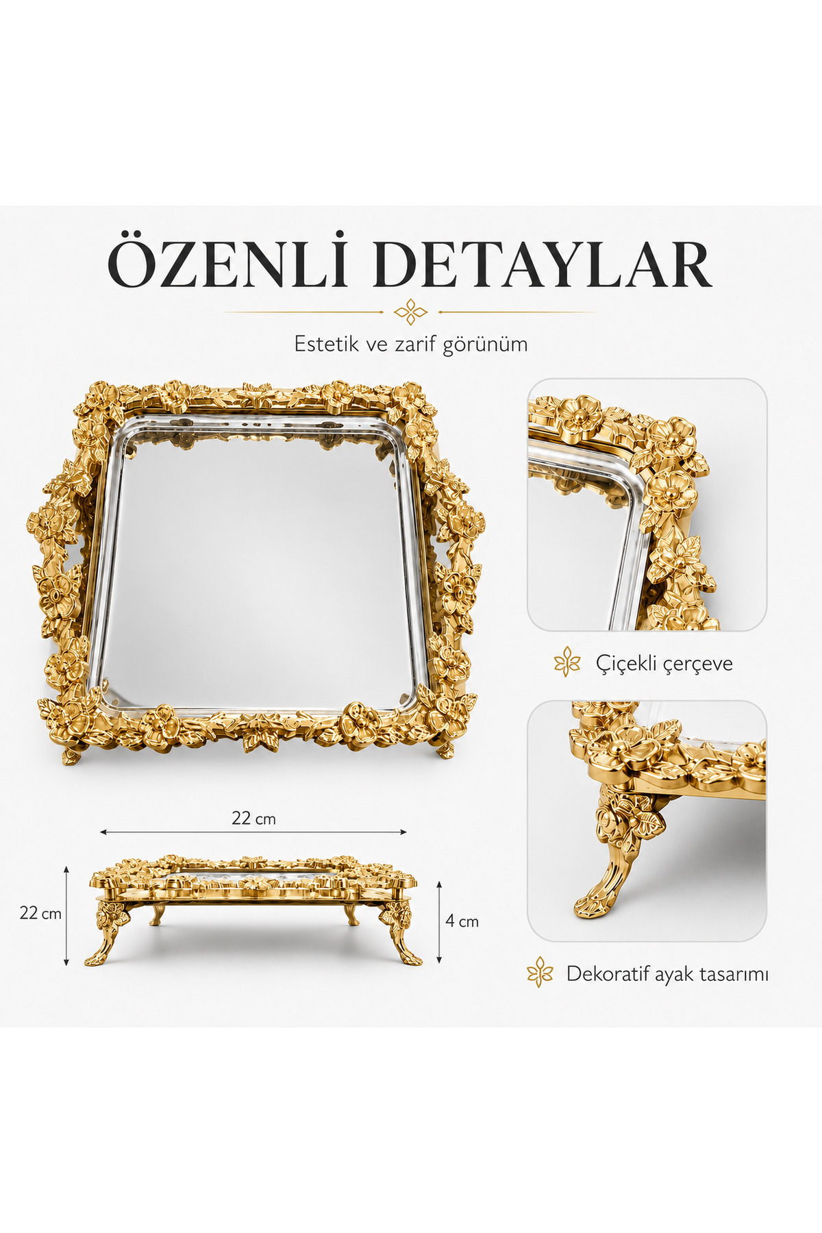 Turkco Premium Flower Detailed Square Presentation Tray with Feet 22X22 cm Coffee Turkish Delight Engagement Promise Tray